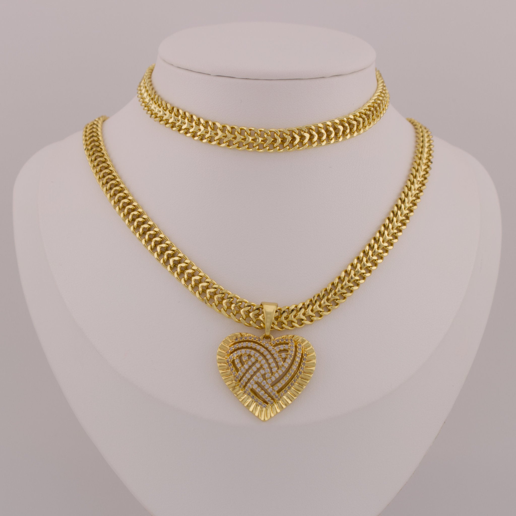 Interwoven Link Choker Set with Heart Pendant - 14K Gold-Plated