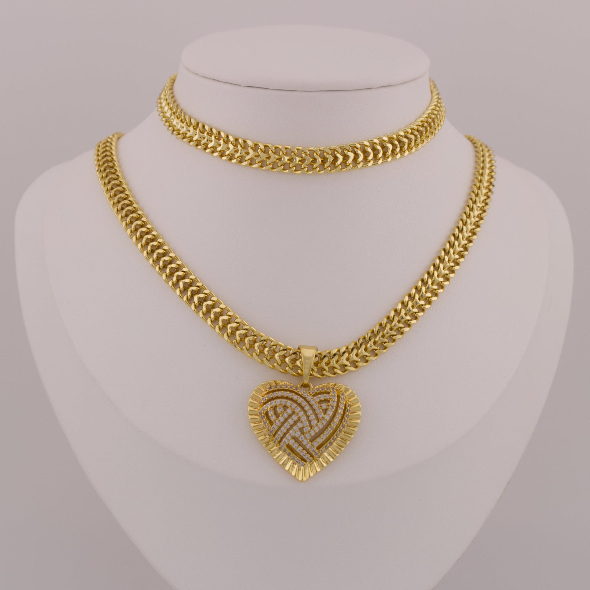 Interwoven Link Choker Set with Heart Pendant - 14K Gold-Plated