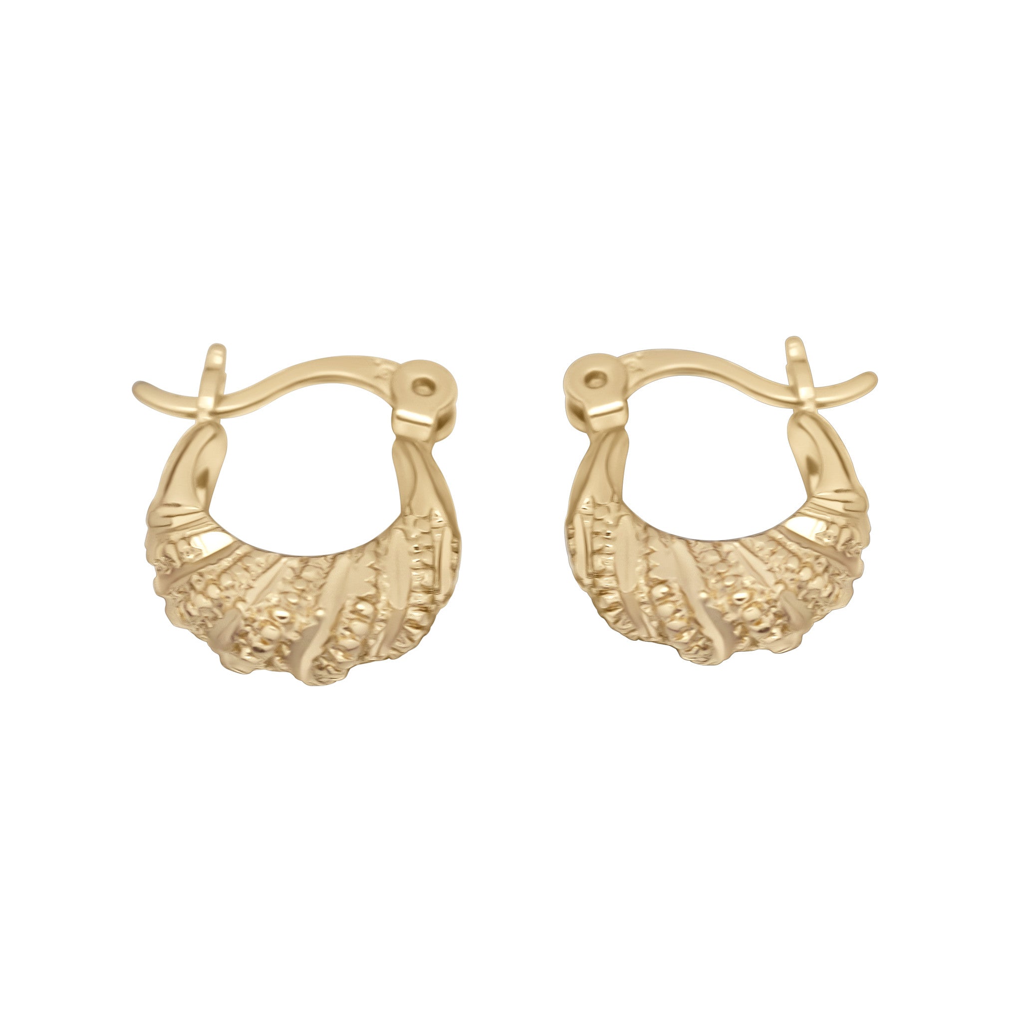 Gold hoop earrings with intricate designs on a white background