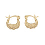 Gold hoop earrings with intricate designs on a white background