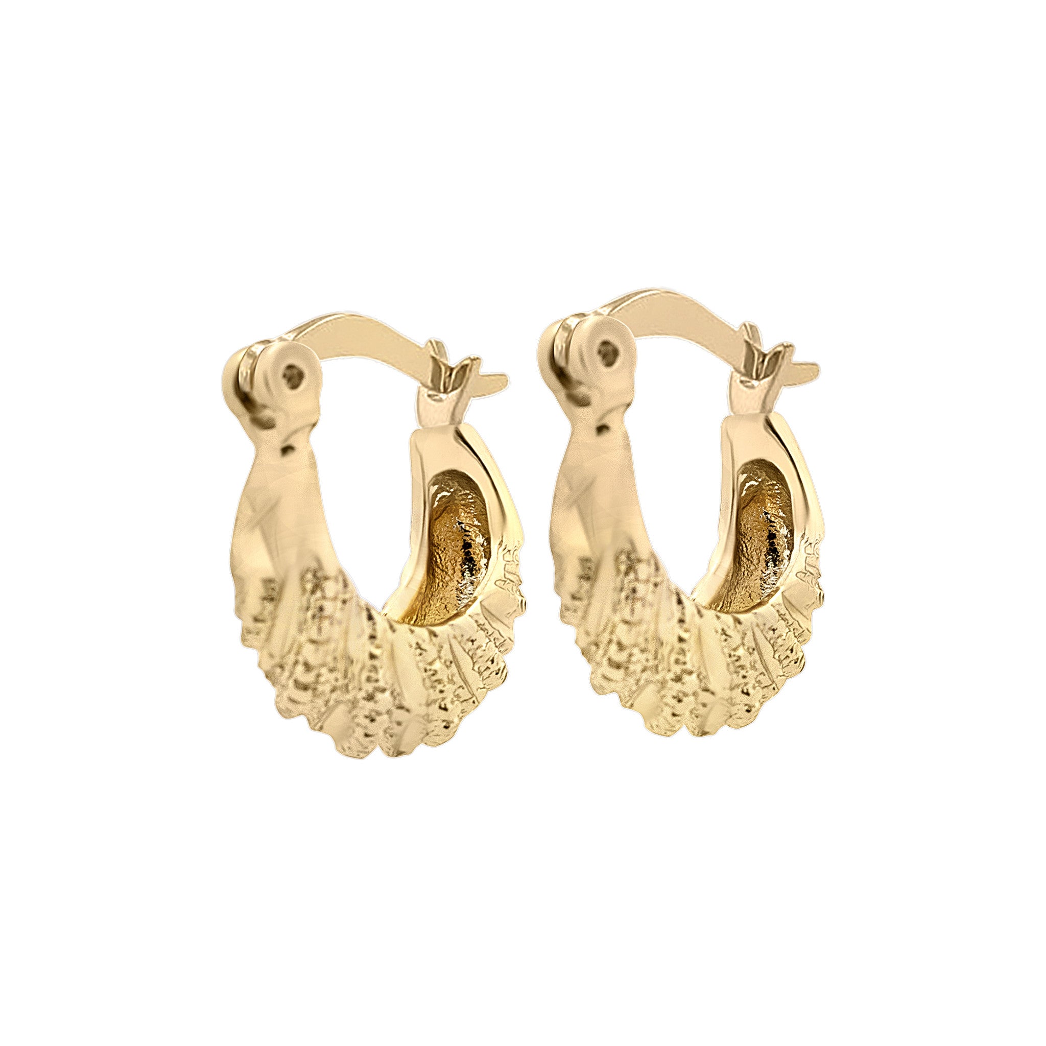 Gold hoop earrings with intricate designs on a white background