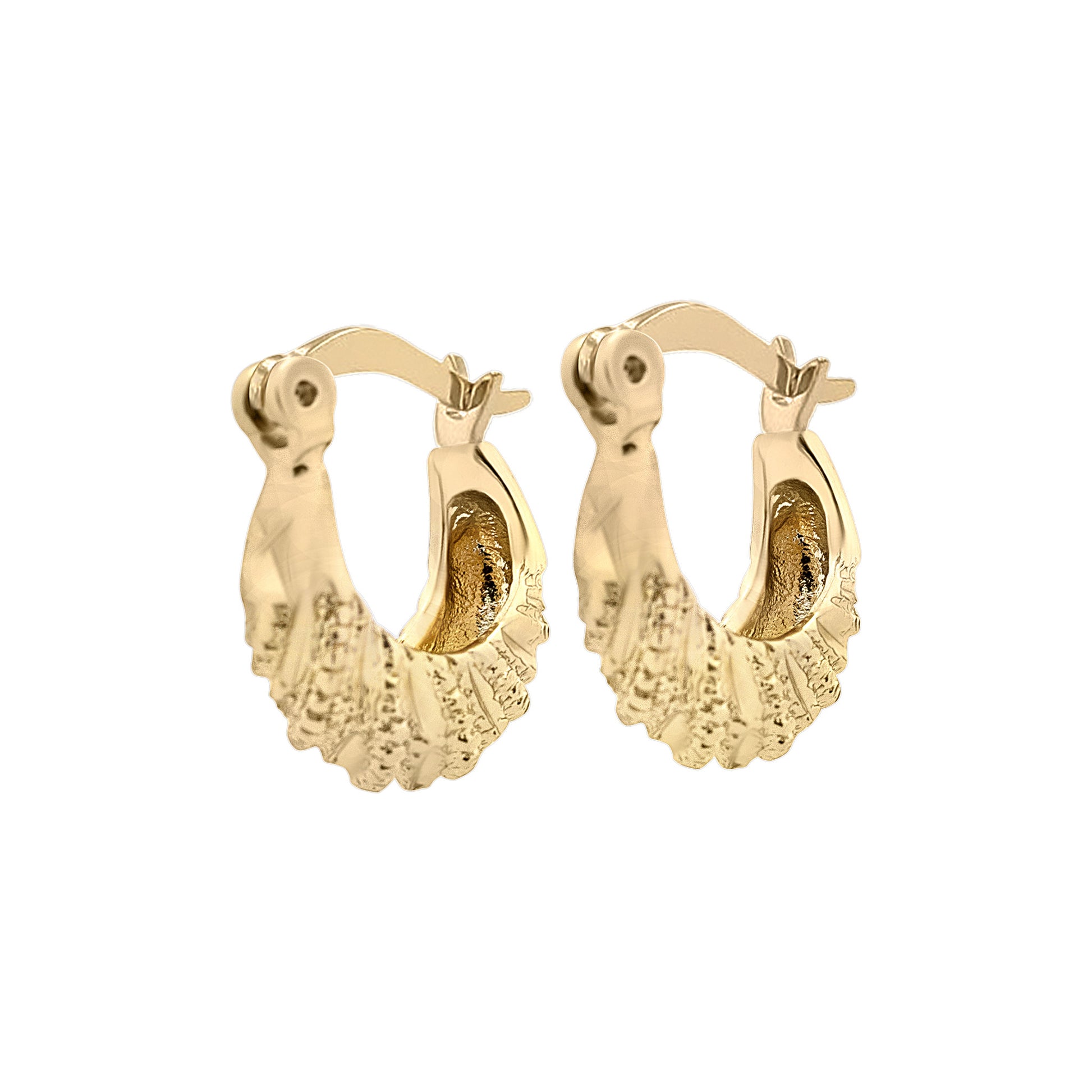 Gold hoop earrings with intricate designs on a white background
