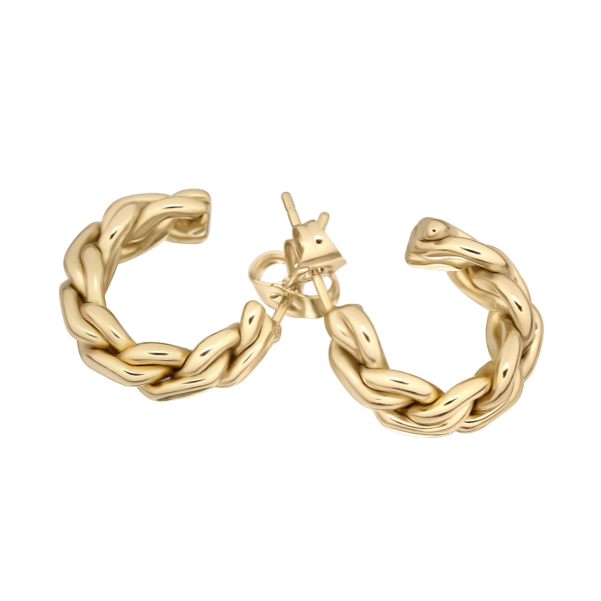 Gold hoop earrings on a white background