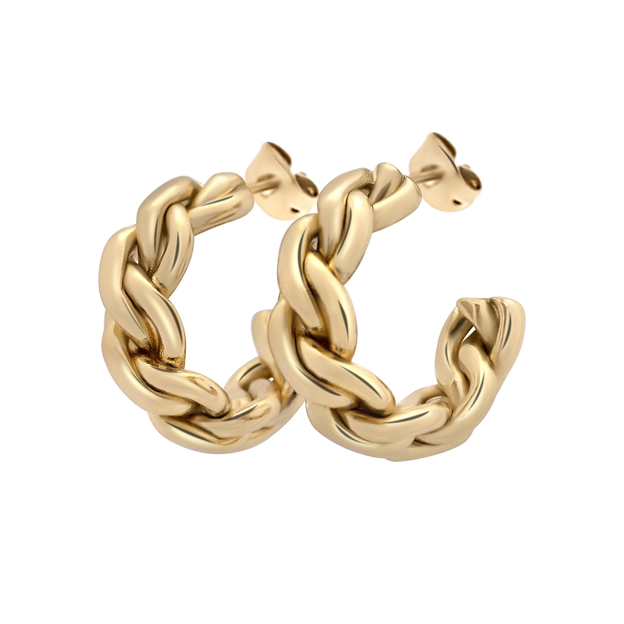 Gold chain hoop earrings on a white background