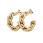 Gold chain hoop earrings on a white background