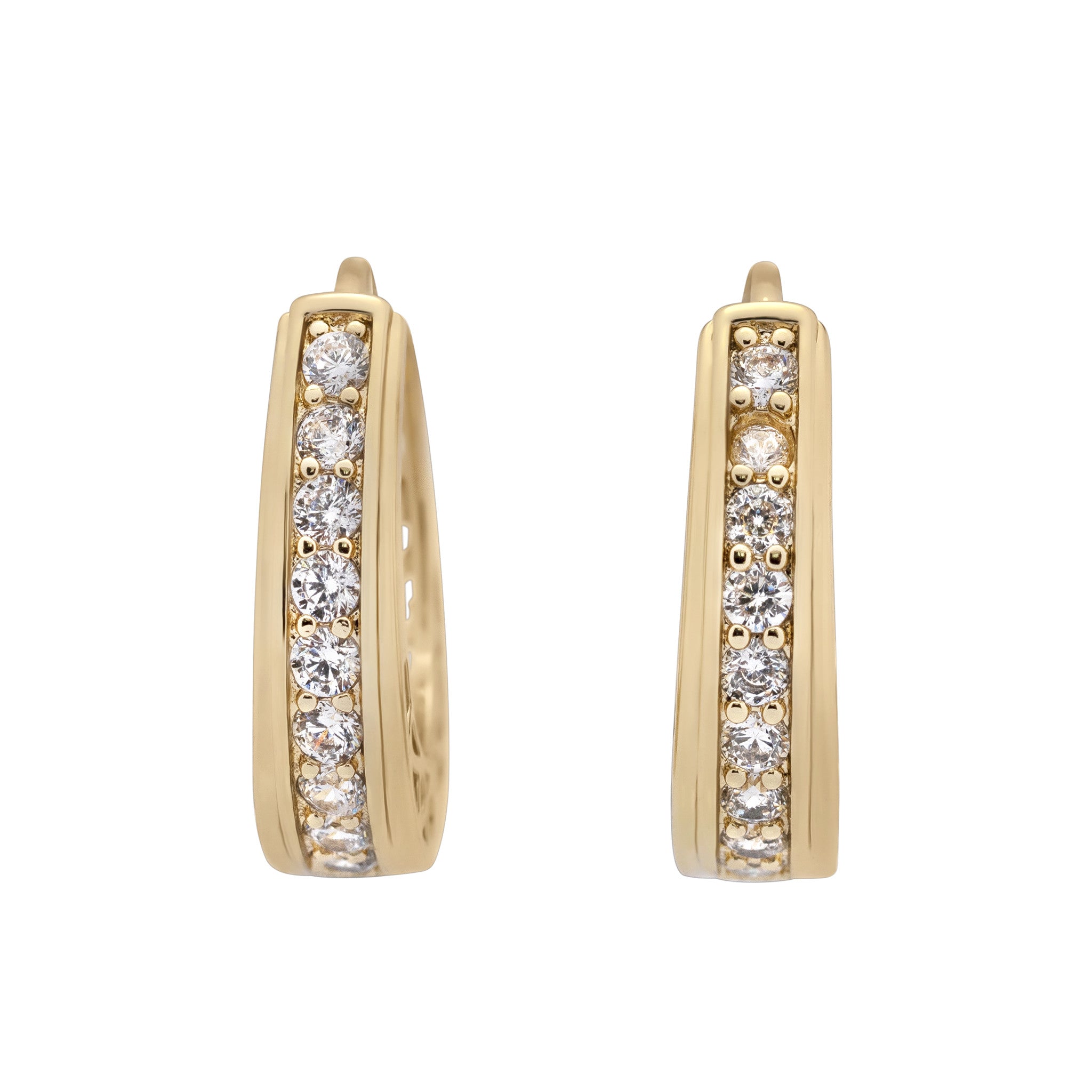 Gold hoop earrings with embedded diamonds on a white background