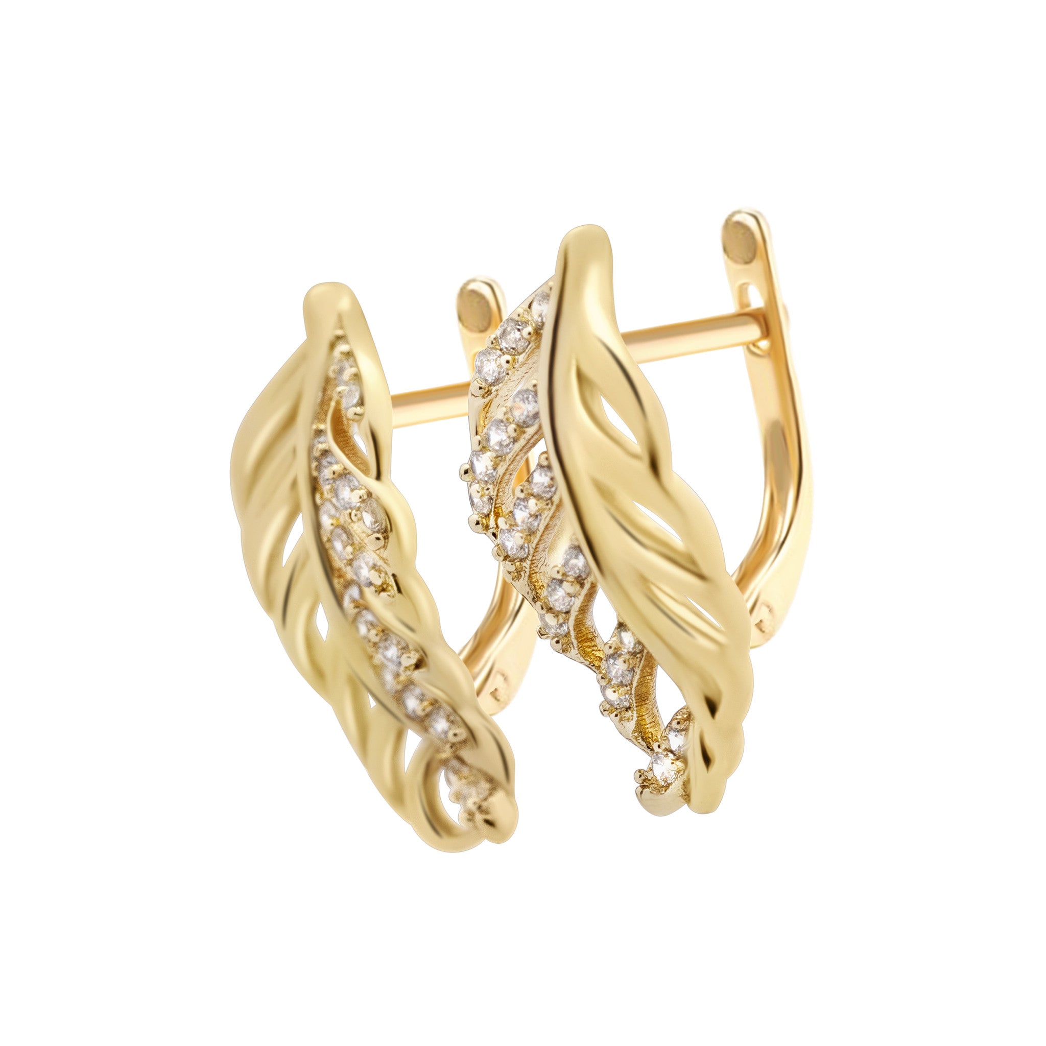 Gold hoop earrings with diamond accents on a white background