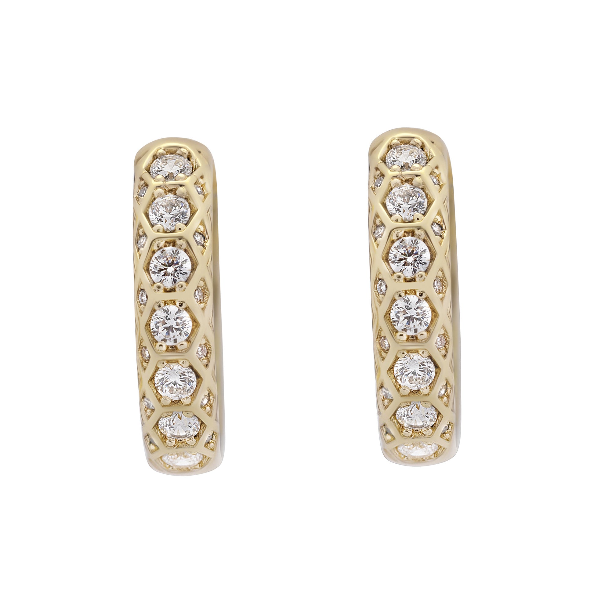 Gold hoop earrings with diamond accents on a white background