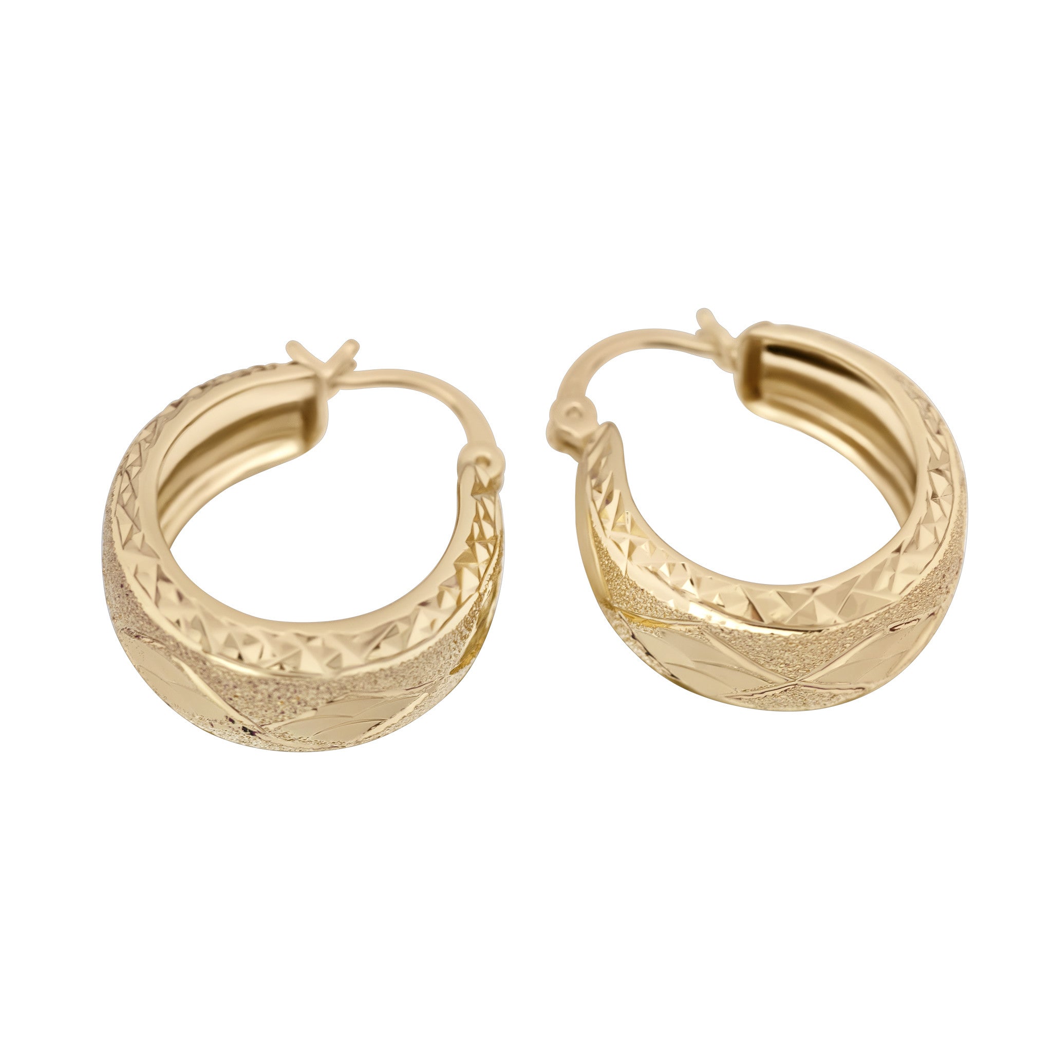 Gold hoop earrings with textured design on a white background