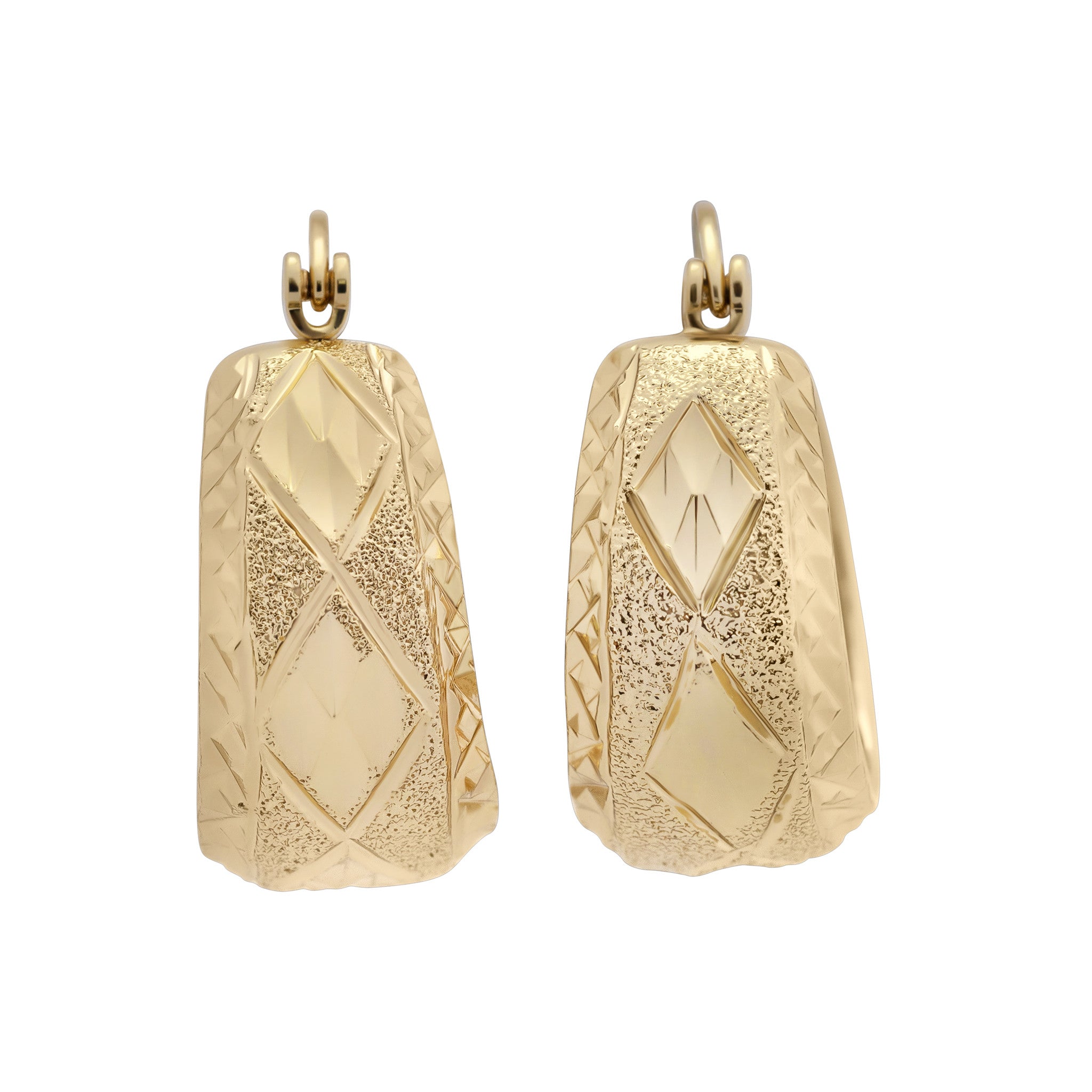 Pair of gold pendants with geometric designs on a white background