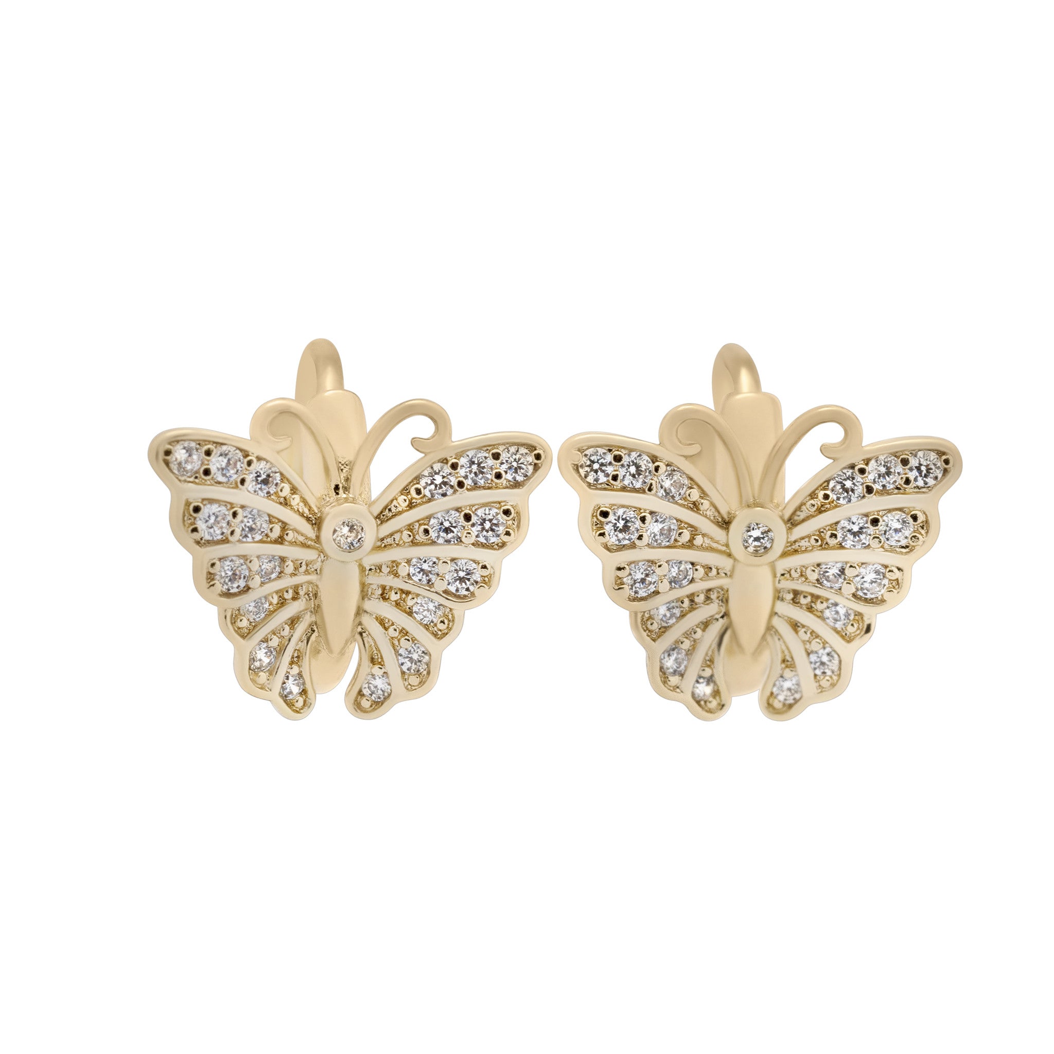 Gold butterfly earrings with diamond accents on a white background