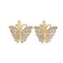 Gold butterfly earrings with diamond accents on a white background