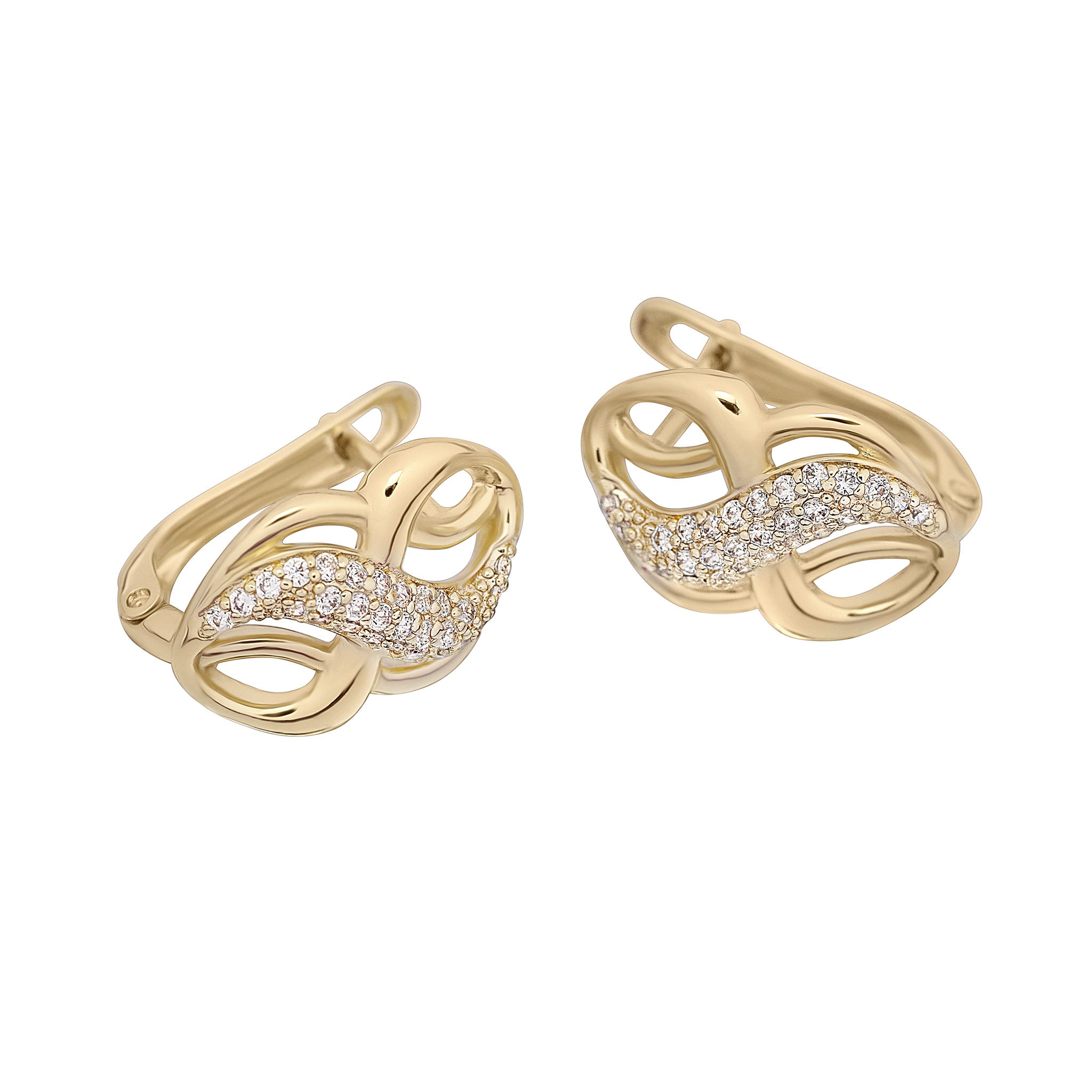 Gold hoop earrings with diamond accents on a white background