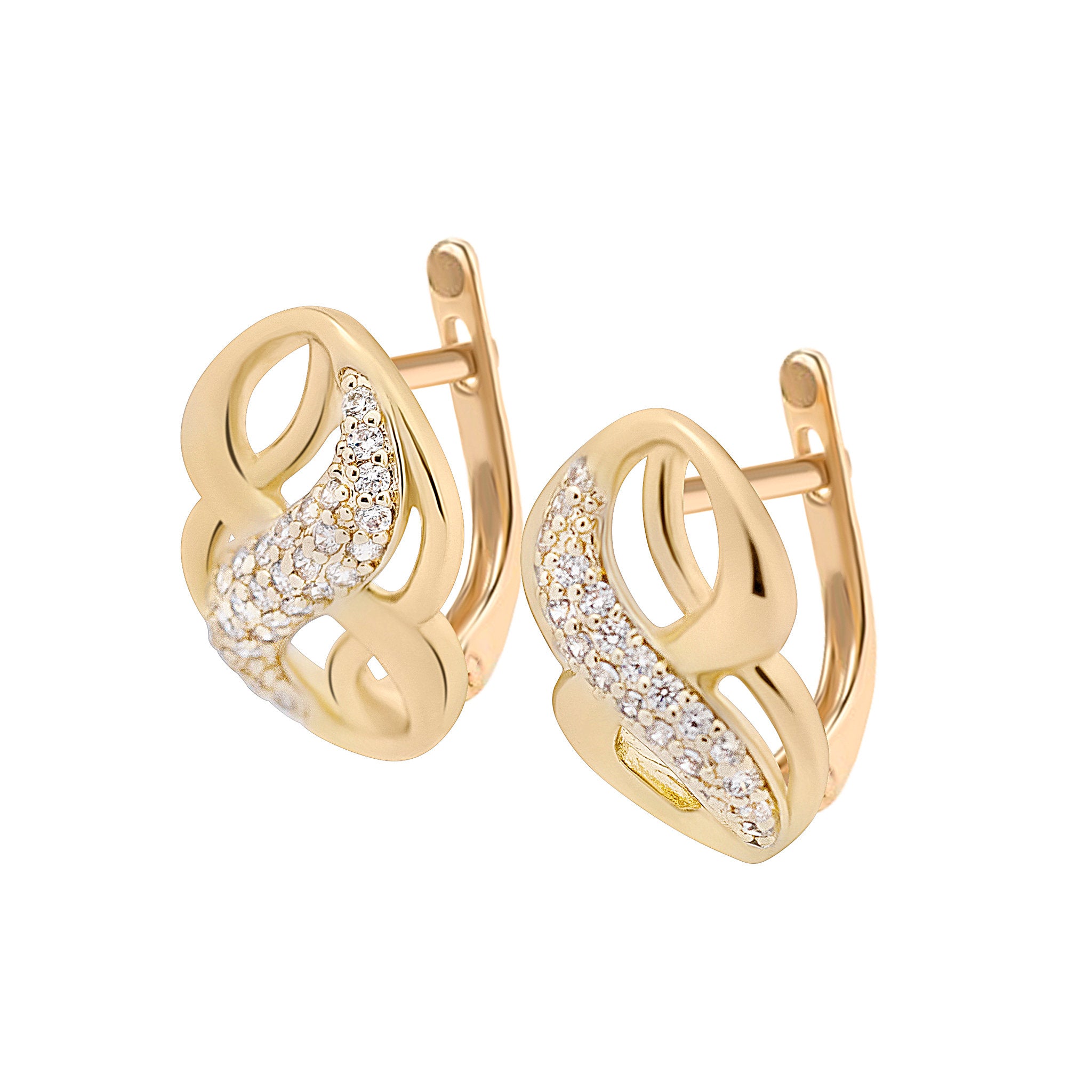 Gold earrings with diamond accents on a white background