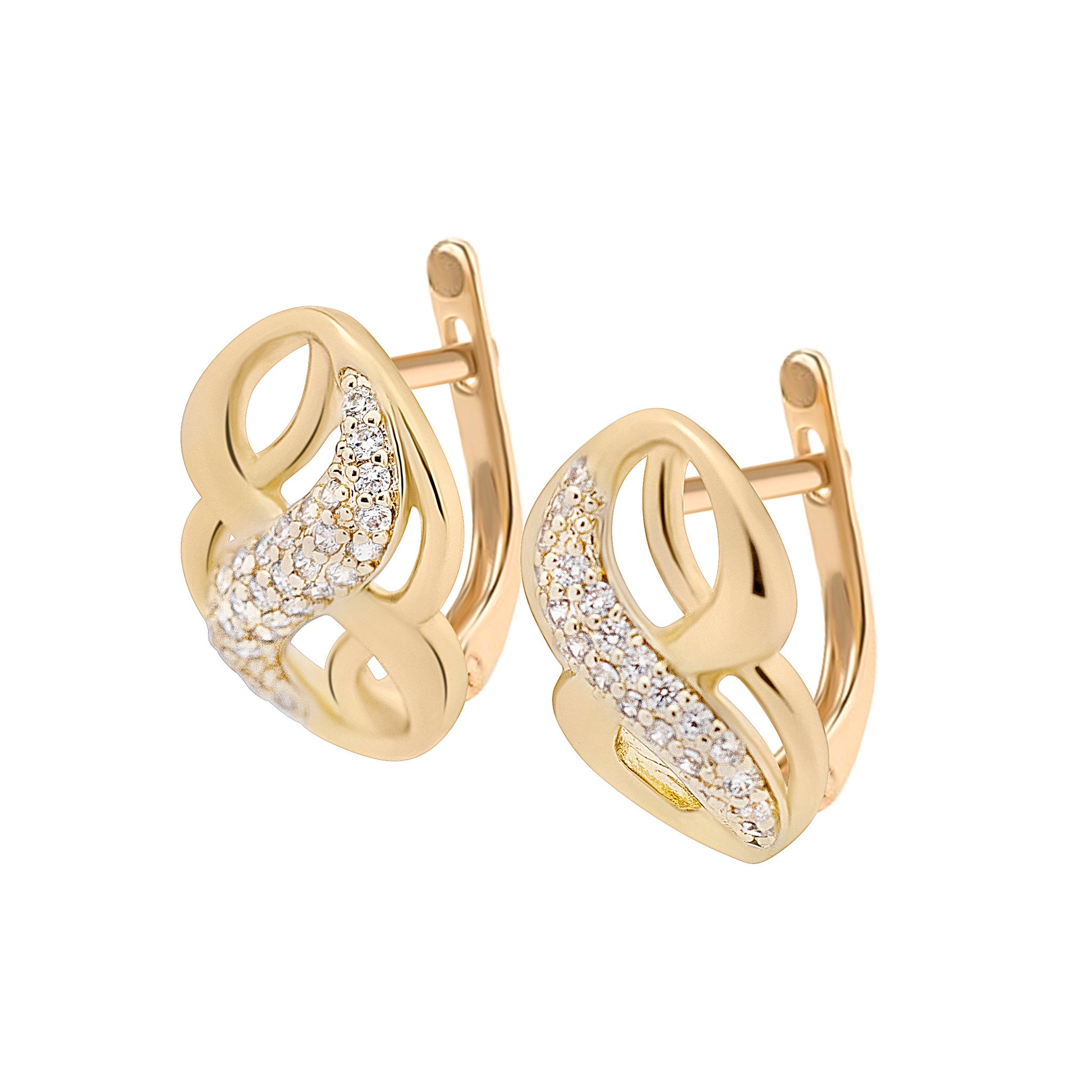 Gold earrings with diamond accents on a white background