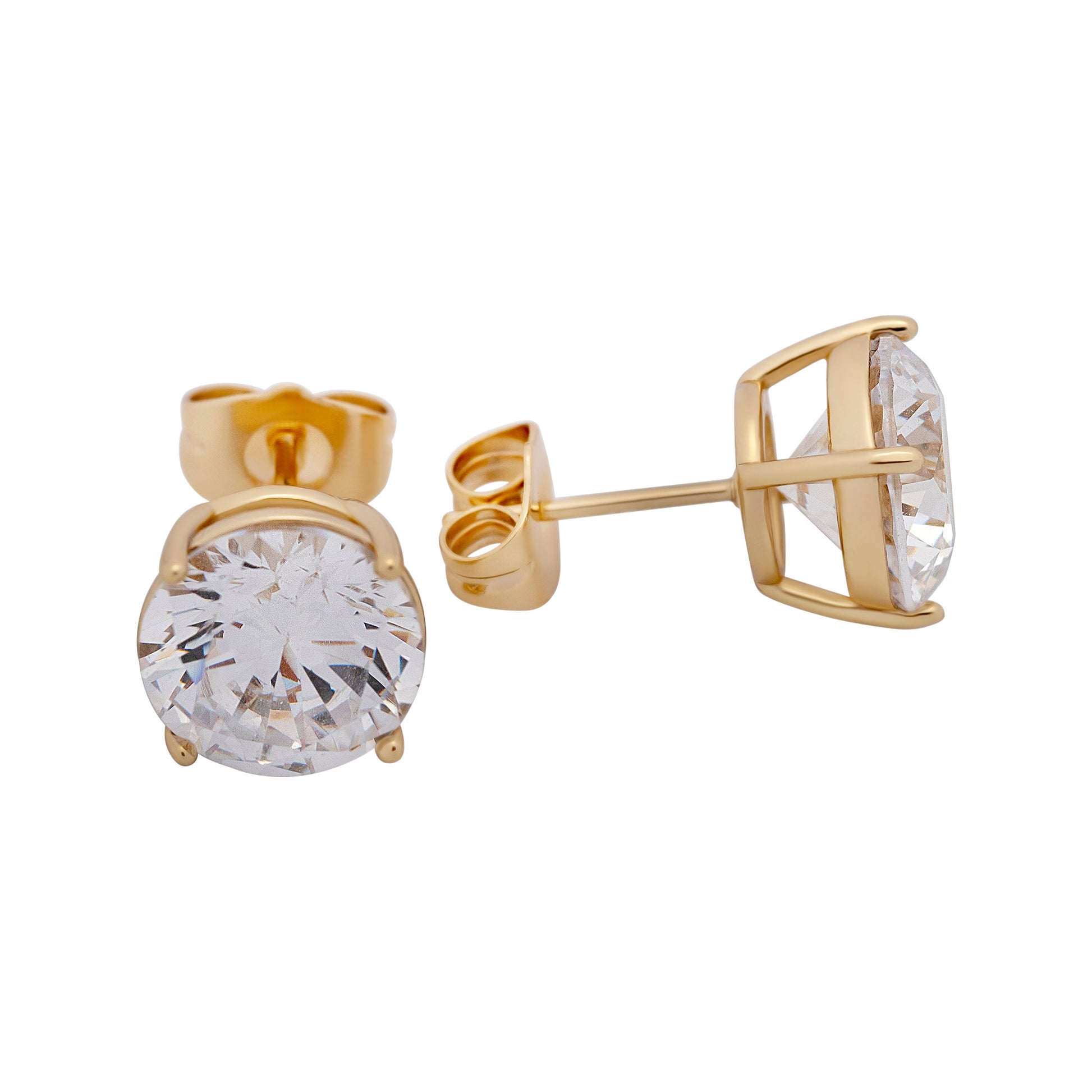 Gold stud earrings with clear gemstones on a white background