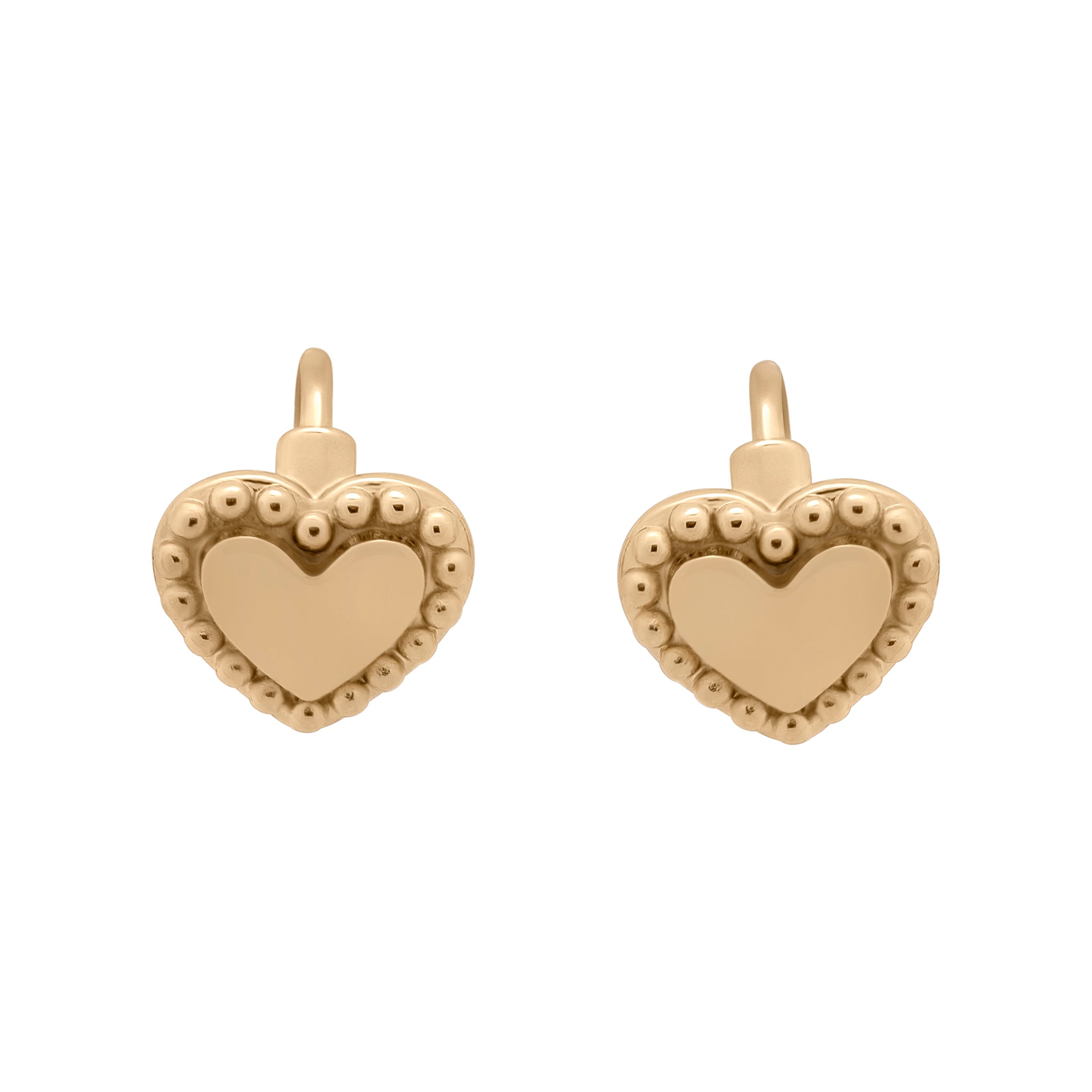 Gold heart-shaped earrings on a white background