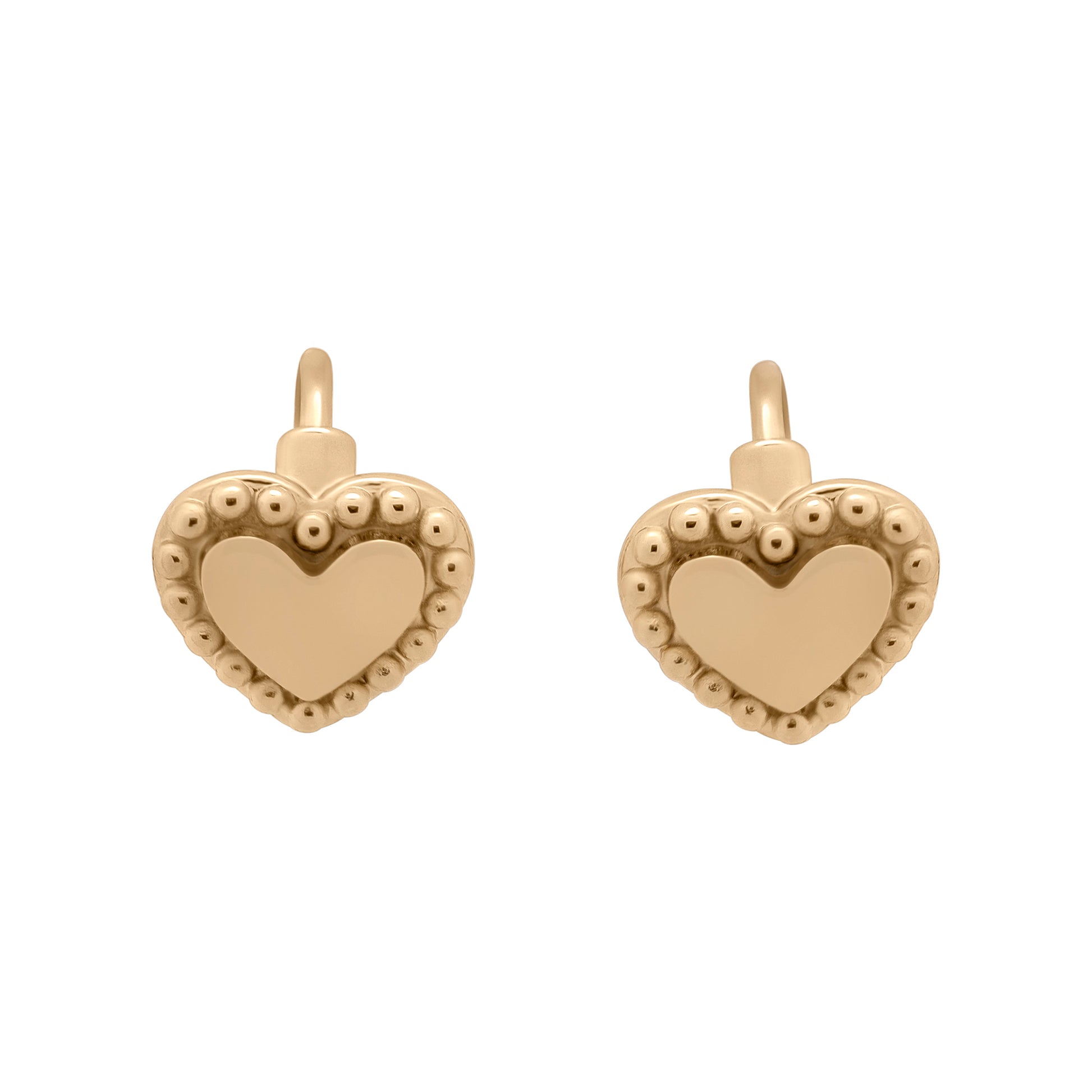 Gold heart-shaped earrings on a white background