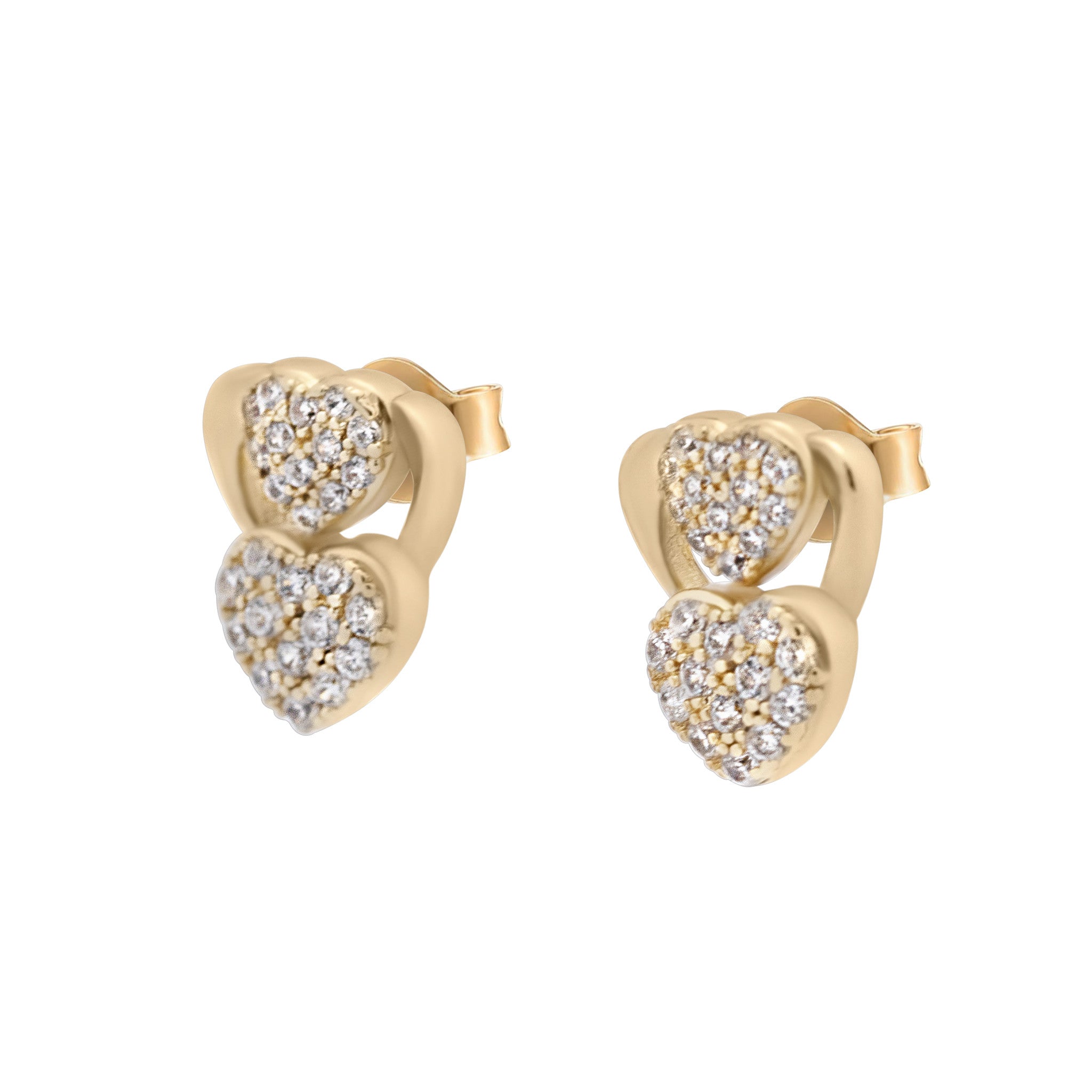 Gold heart-shaped earrings with embedded diamonds on a white background