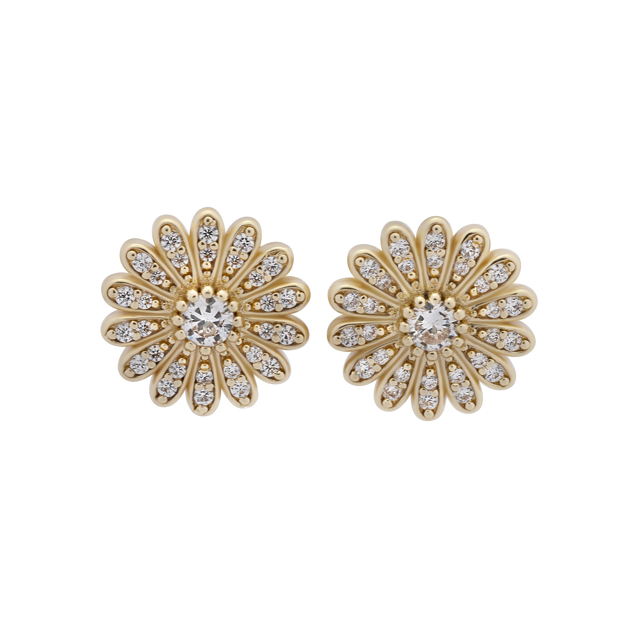 Gold floral earrings with clear gemstones on a white background
