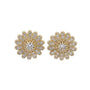 Gold floral earrings with clear gemstones on a white background