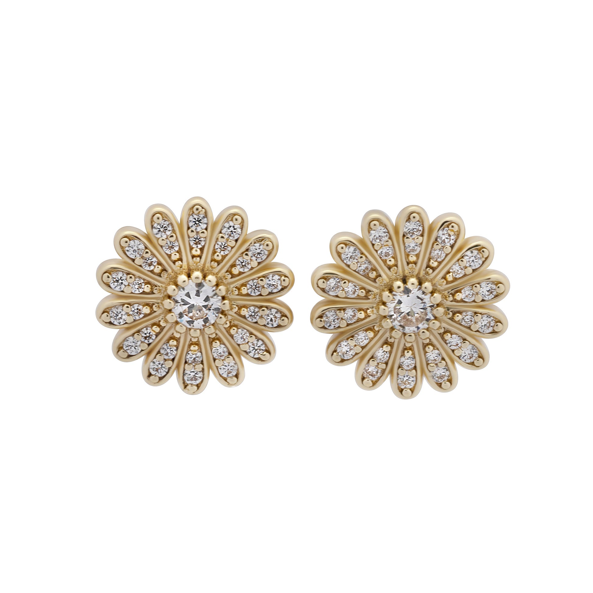 Gold floral earrings with clear gemstones on a white background