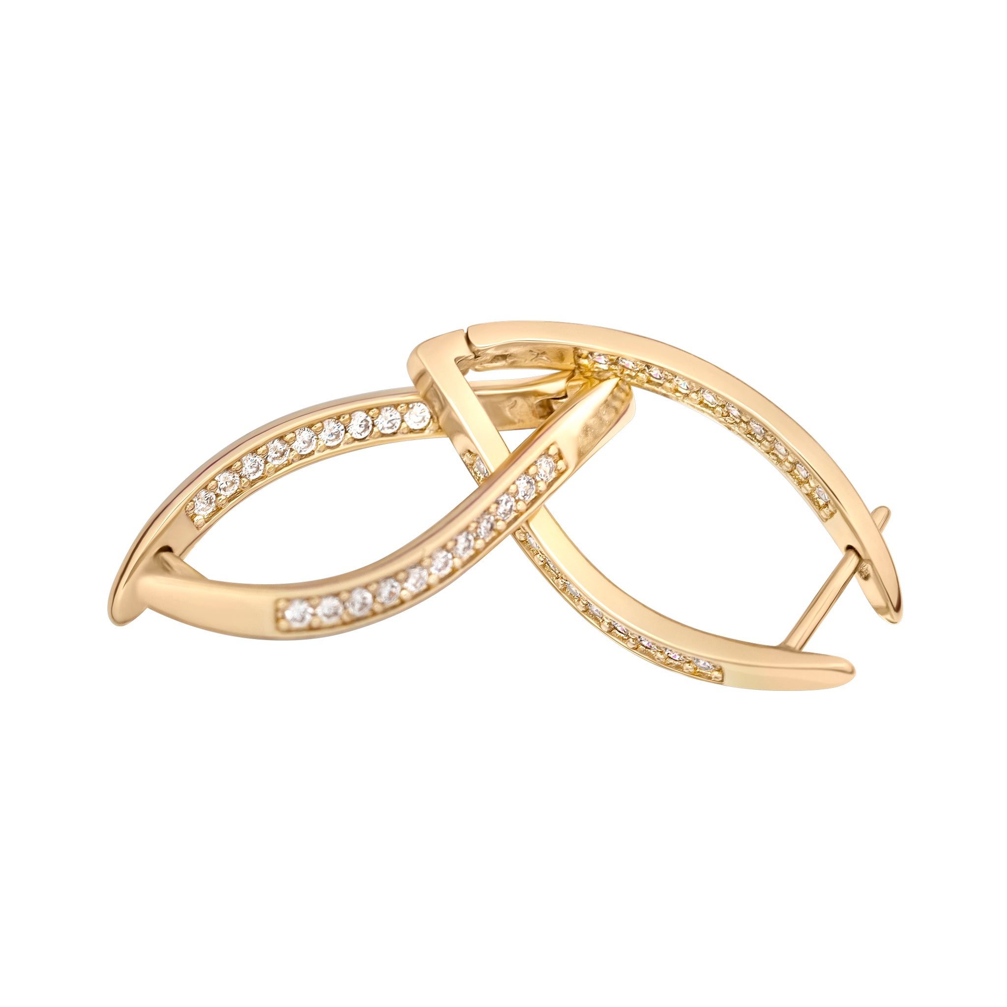 Gold brooch with interlocking rings and small diamonds on a white background