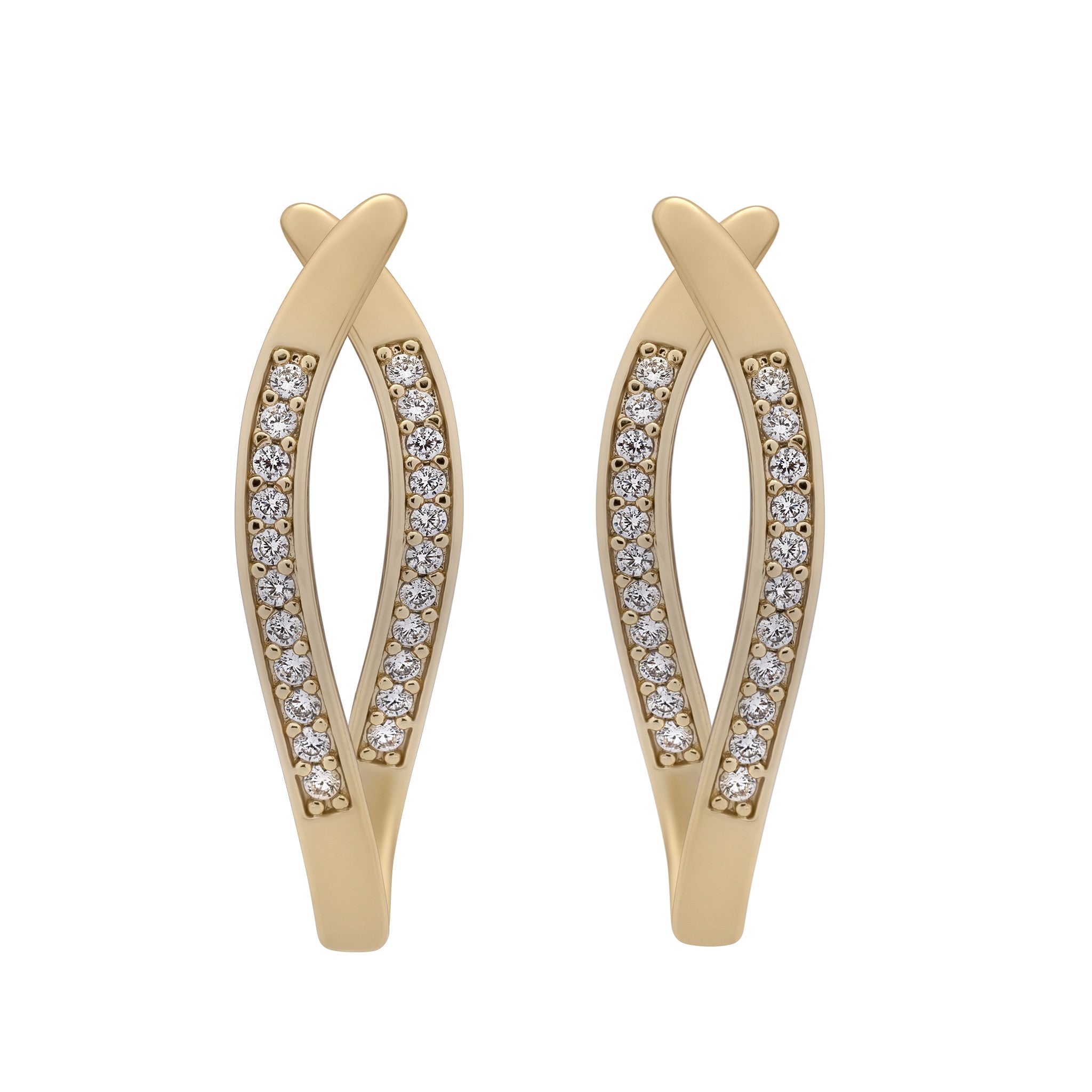 Gold earrings with diamond accents on a white background