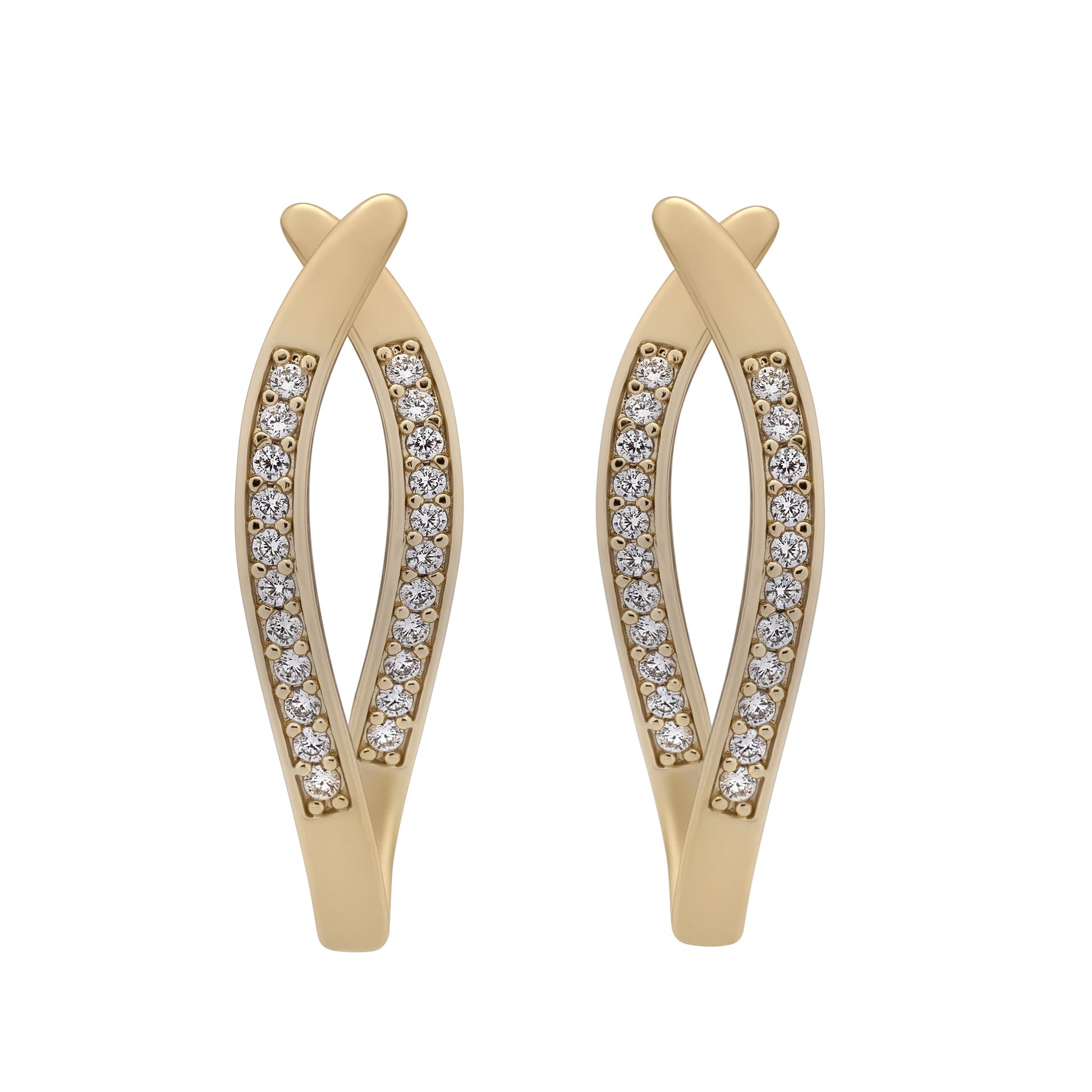 Gold earrings with diamond accents on a white background