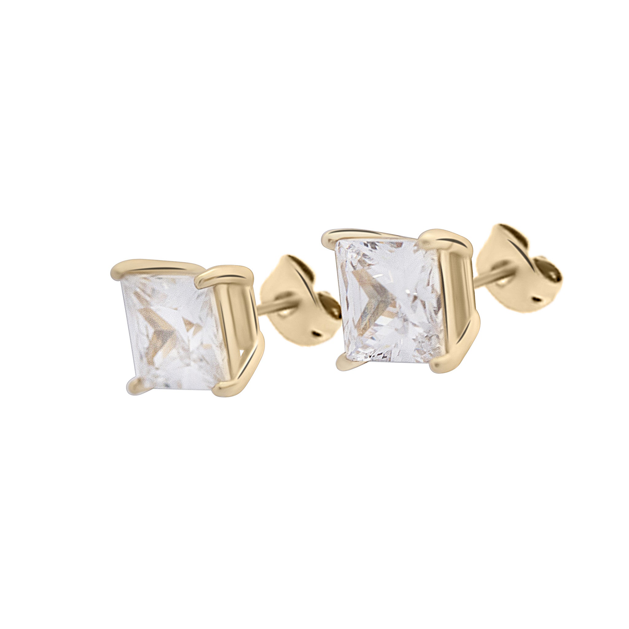 Gold earrings with clear gemstones on a white background
