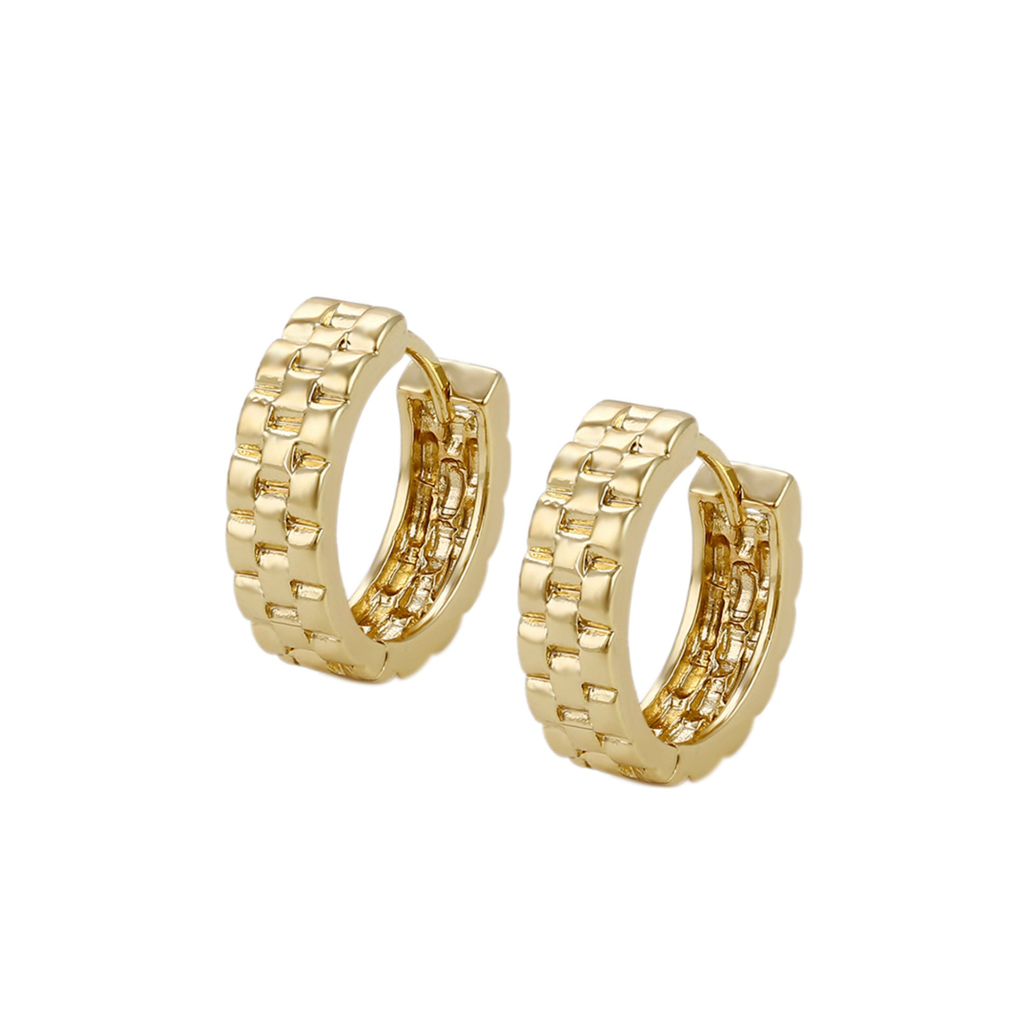 Gold hoop earrings with a textured design on a white background