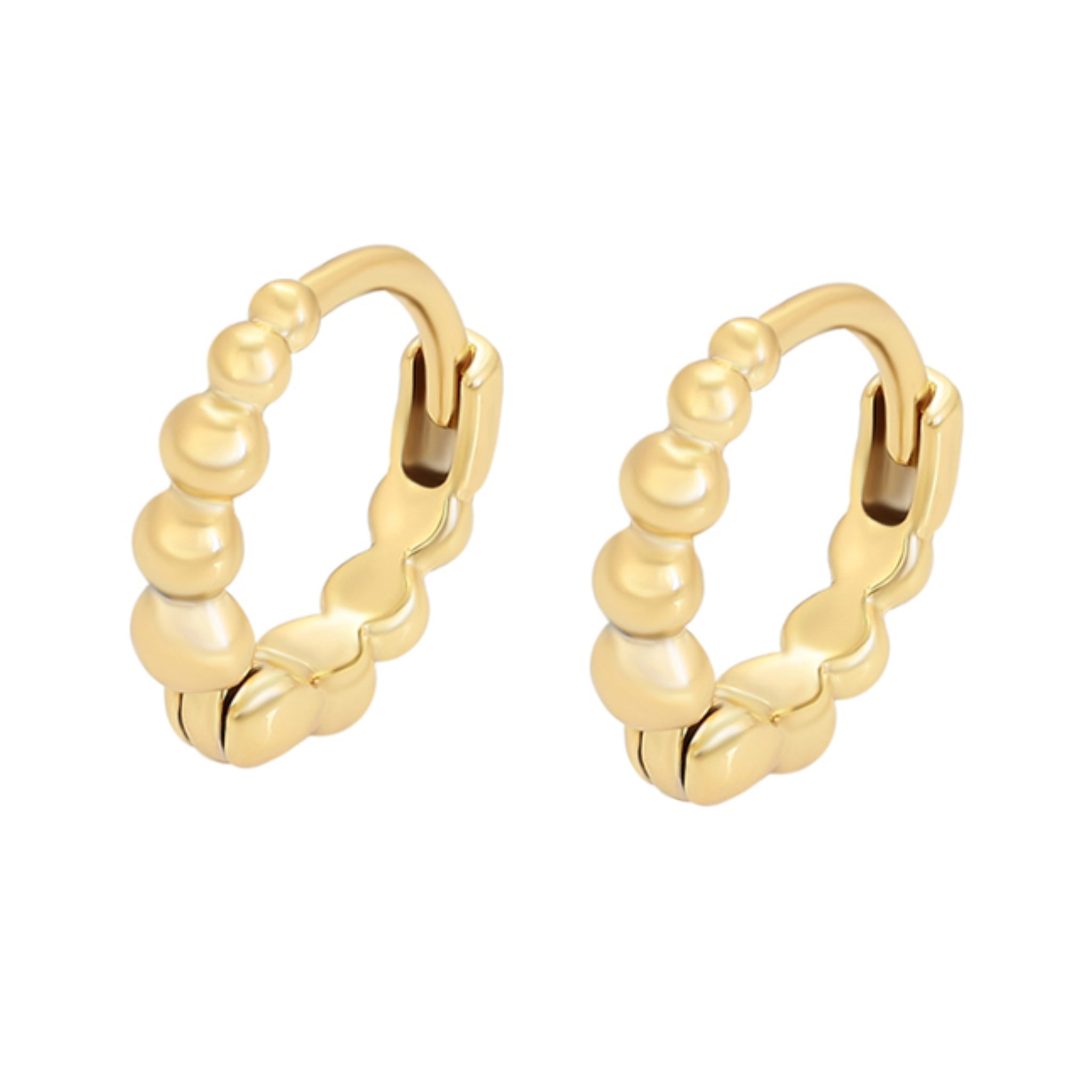Gold hoop earrings with bead-like design on a white background