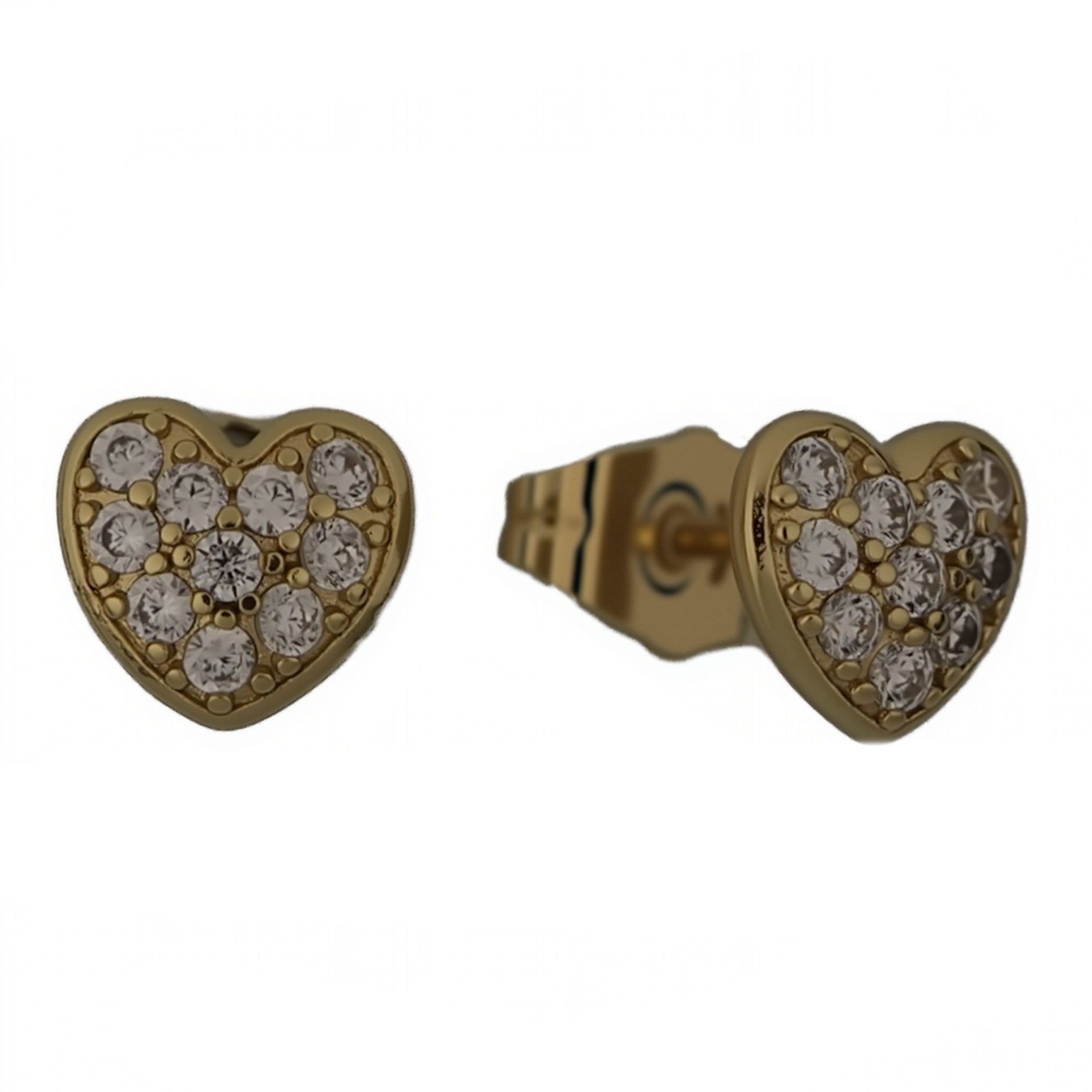 Heart-shaped gold earrings with embedded diamonds on a white background