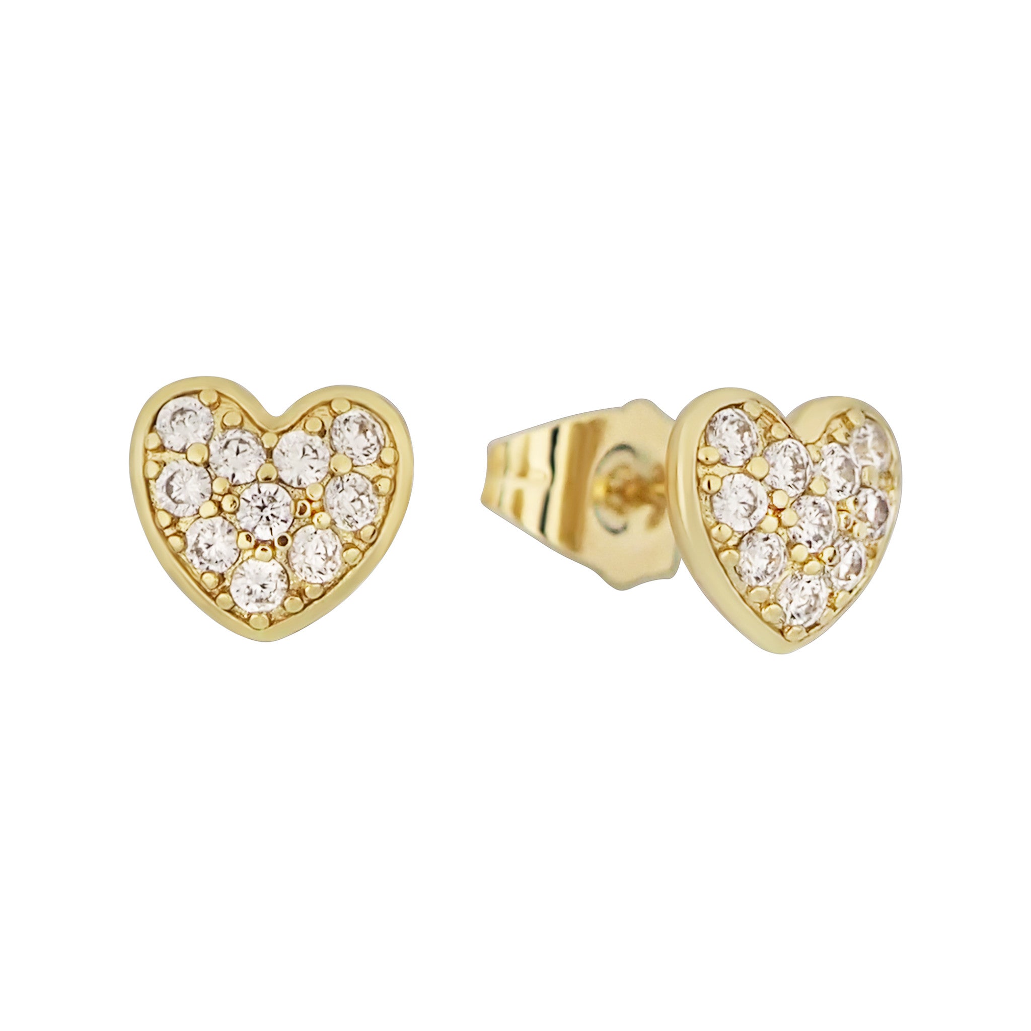 Heart-shaped gold earrings with clear gemstones on a white background
