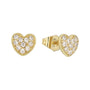 Heart-shaped gold earrings with clear gemstones on a white background