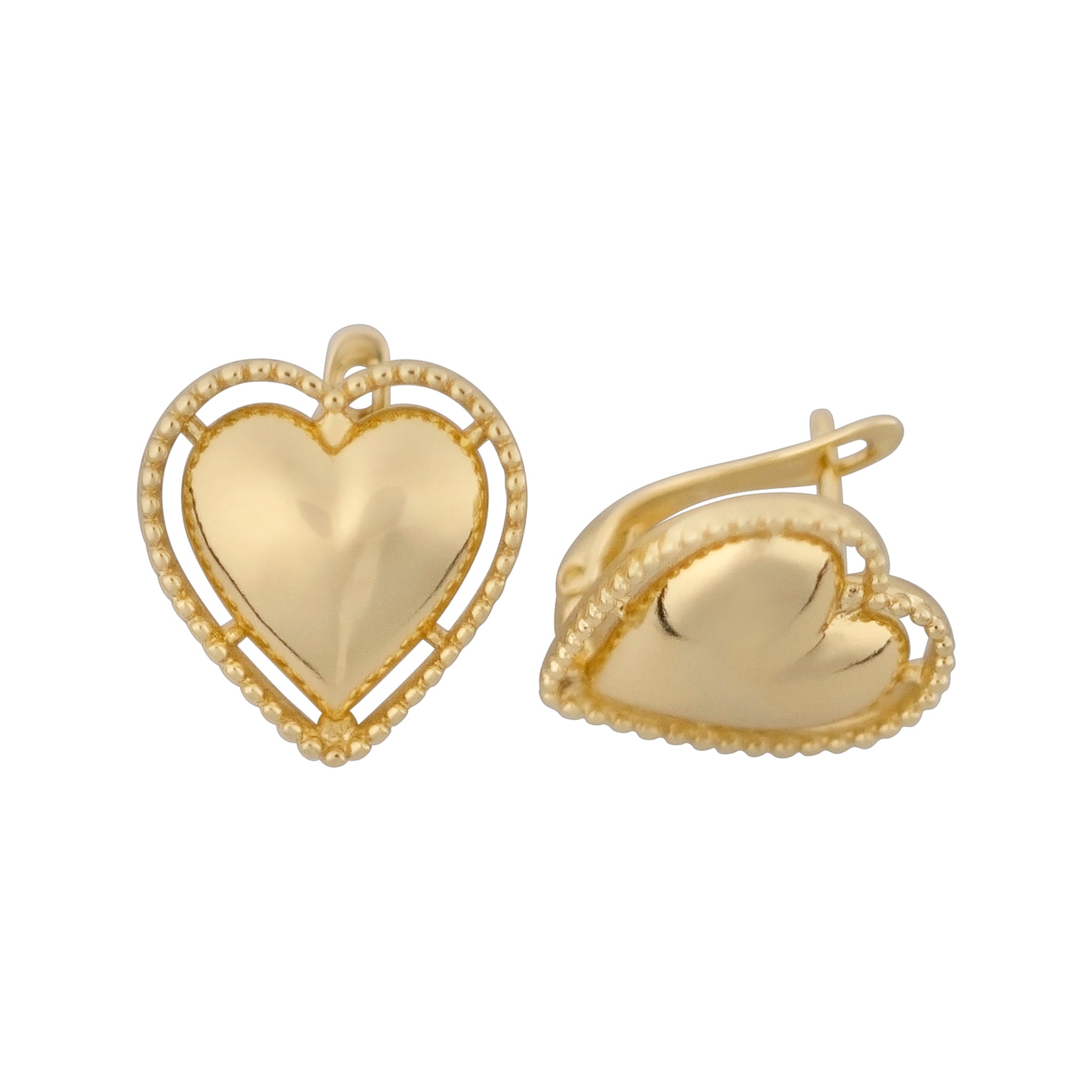 Gold heart-shaped earrings on a white background