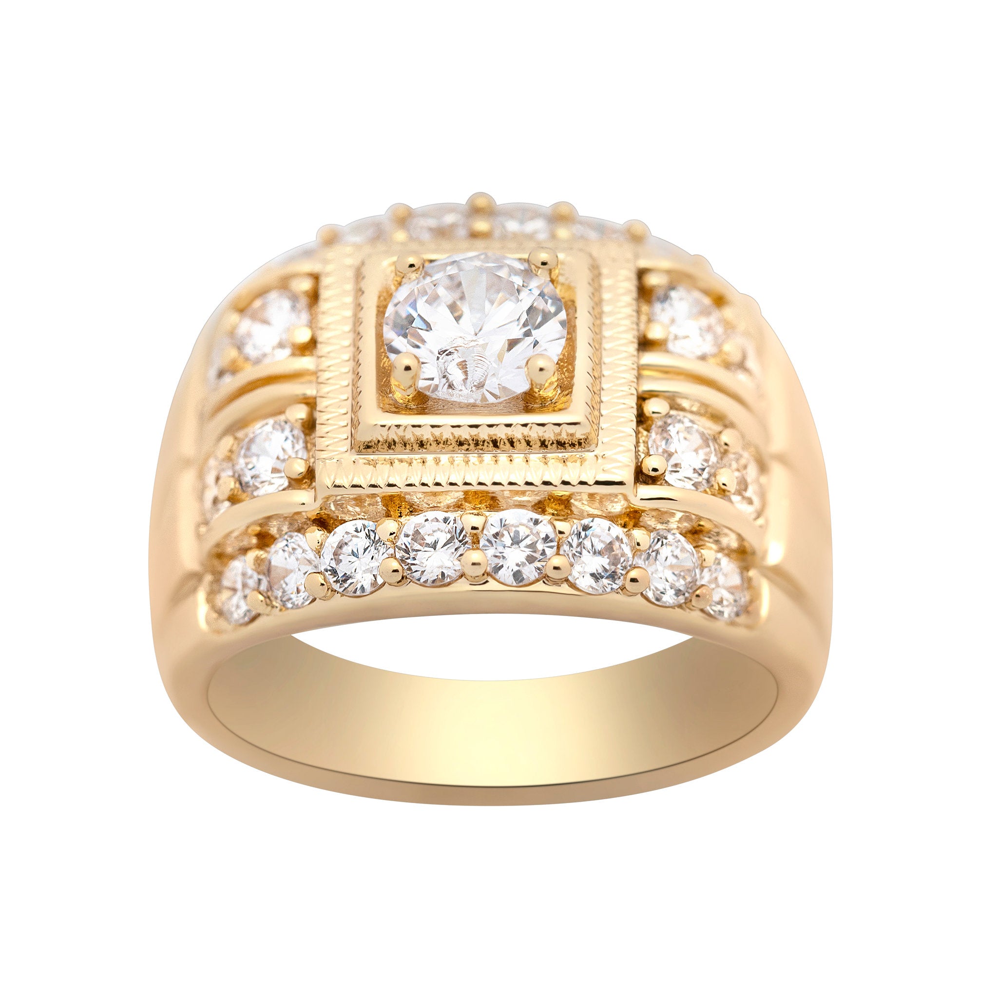 Gold ring with a central diamond and smaller diamonds on a white background