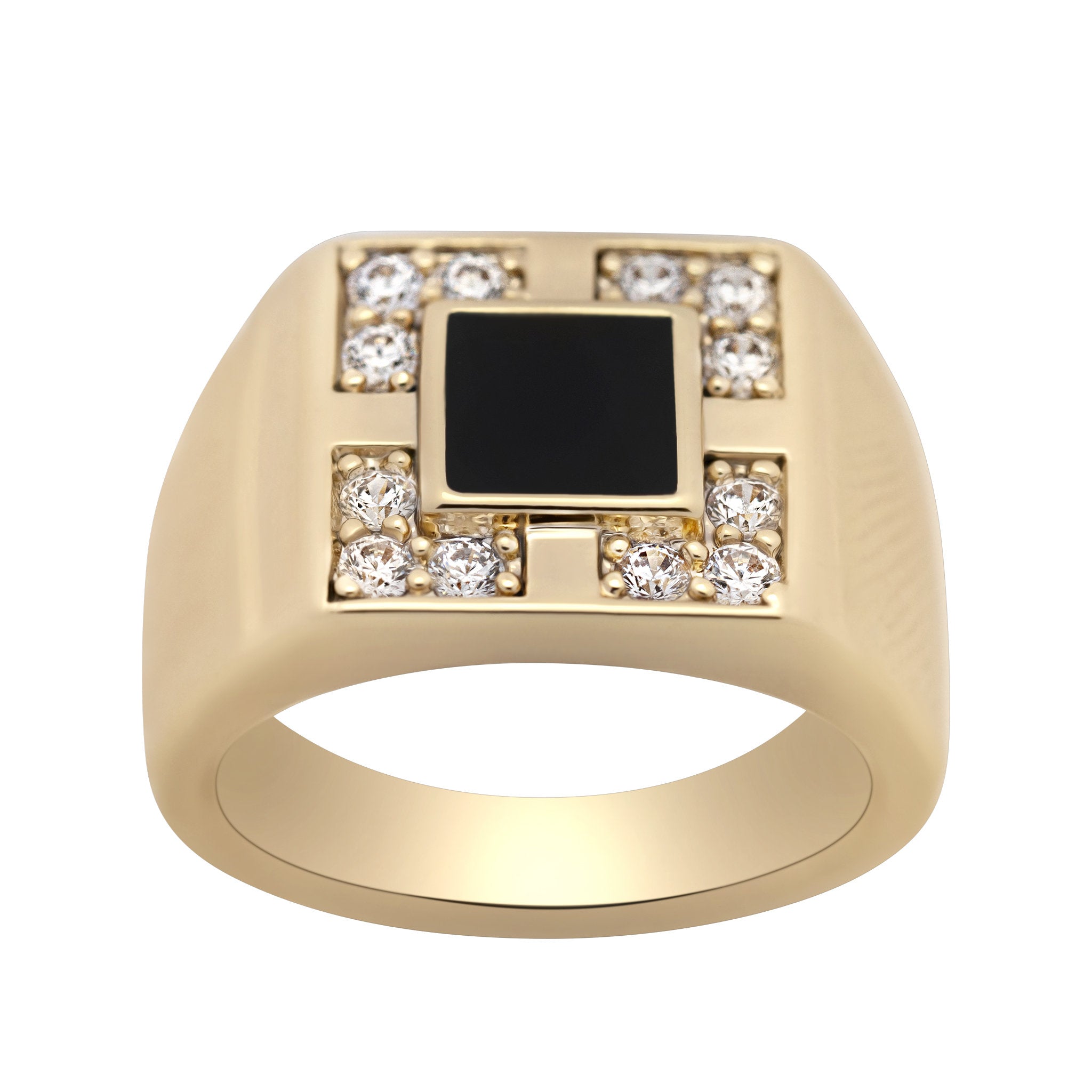 Gold ring with a black center and diamond accents on a white background