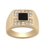 Gold ring with a black center and diamond accents on a white background