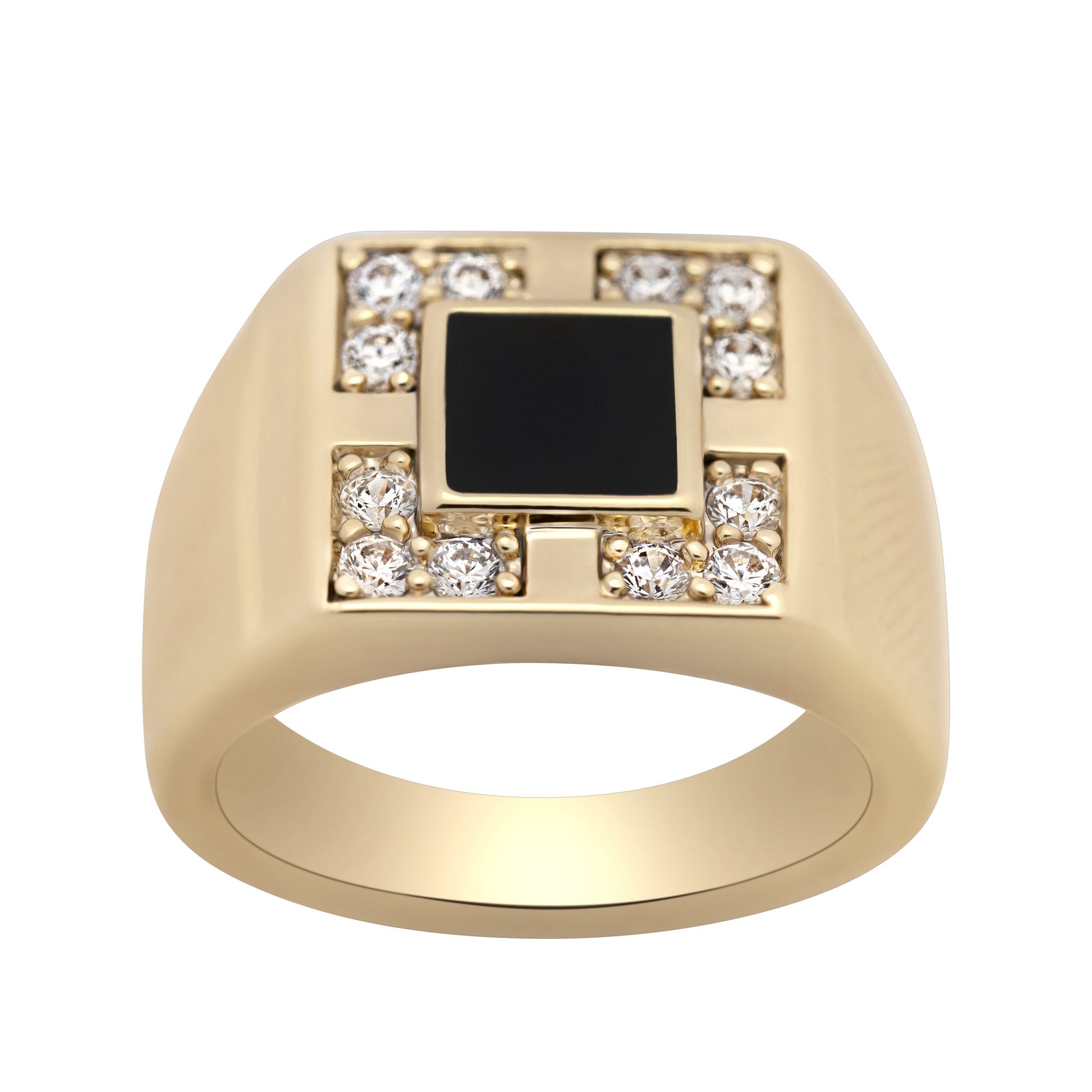Gold ring with a black center and diamond accents on a white background