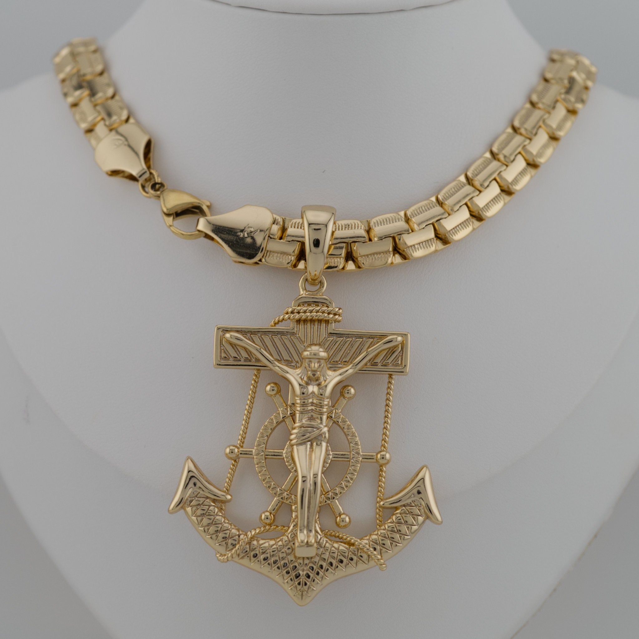 Mens Jesus Crucifix Anchor Necklace - 14K Gold-Plated