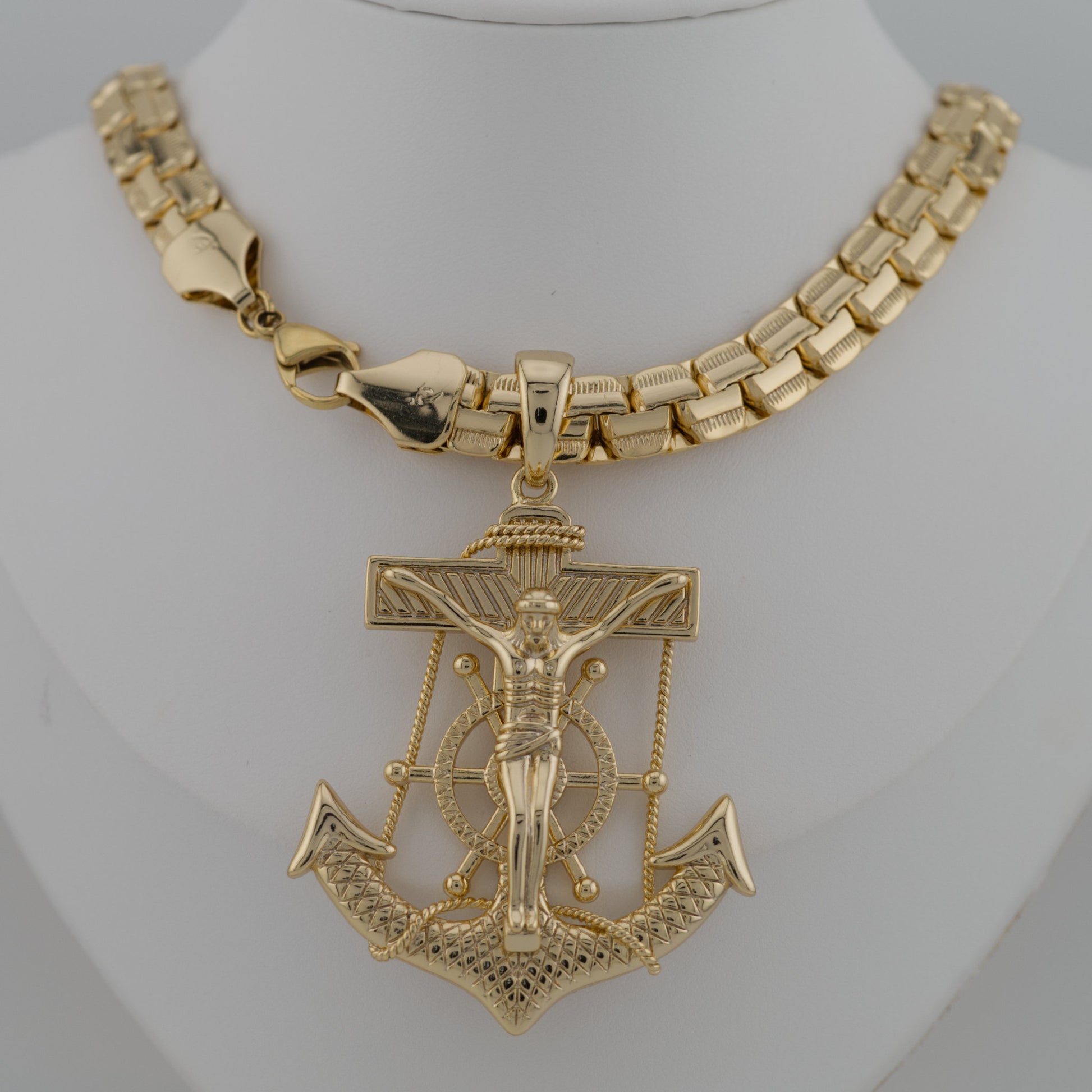Mens Jesus Crucifix Anchor Necklace - 14K Gold-Plated