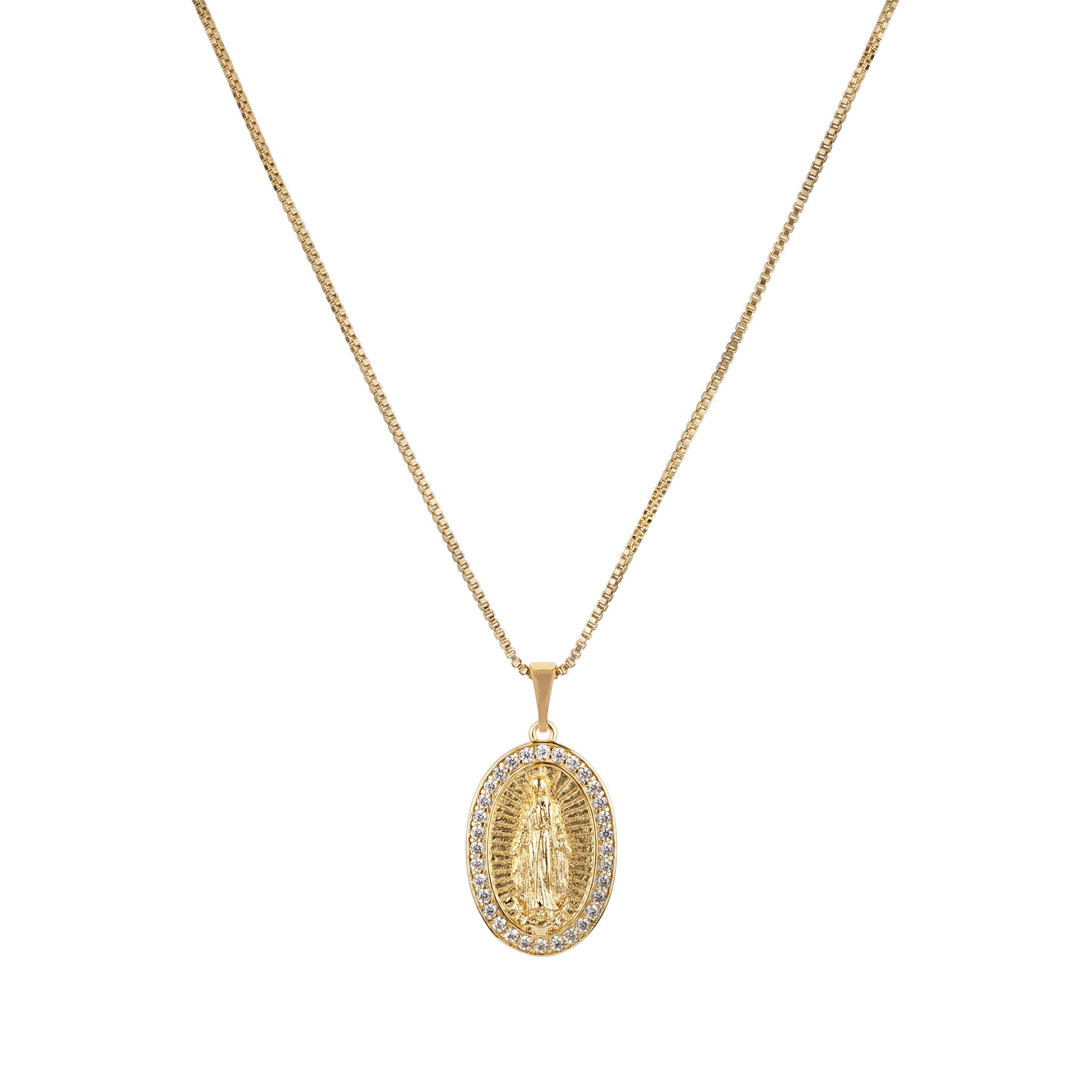 Gold necklace with a pendant on a white background