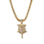Gold necklace with a leaf-shaped pendant on a white background