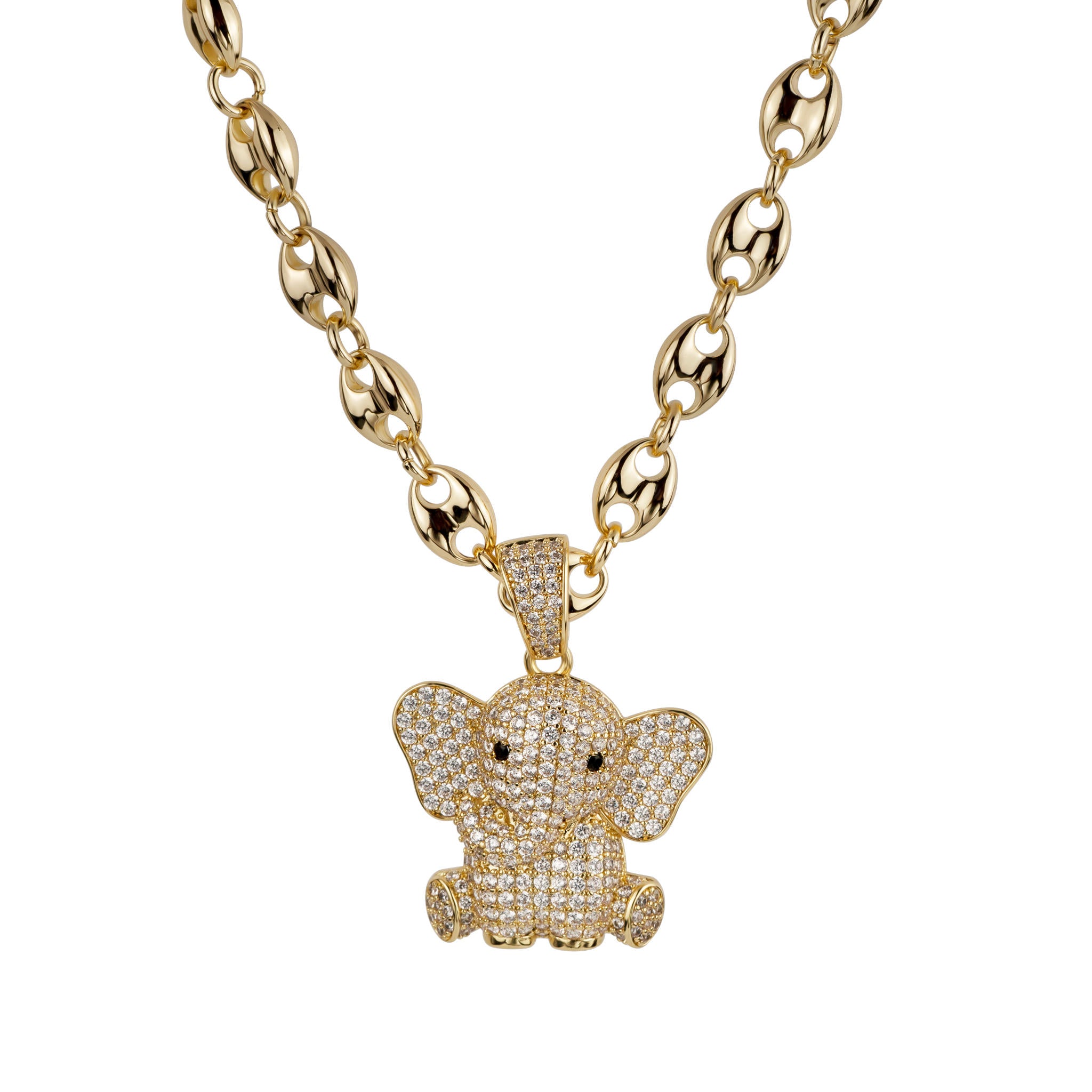 Gold elephant pendant necklace on a white background