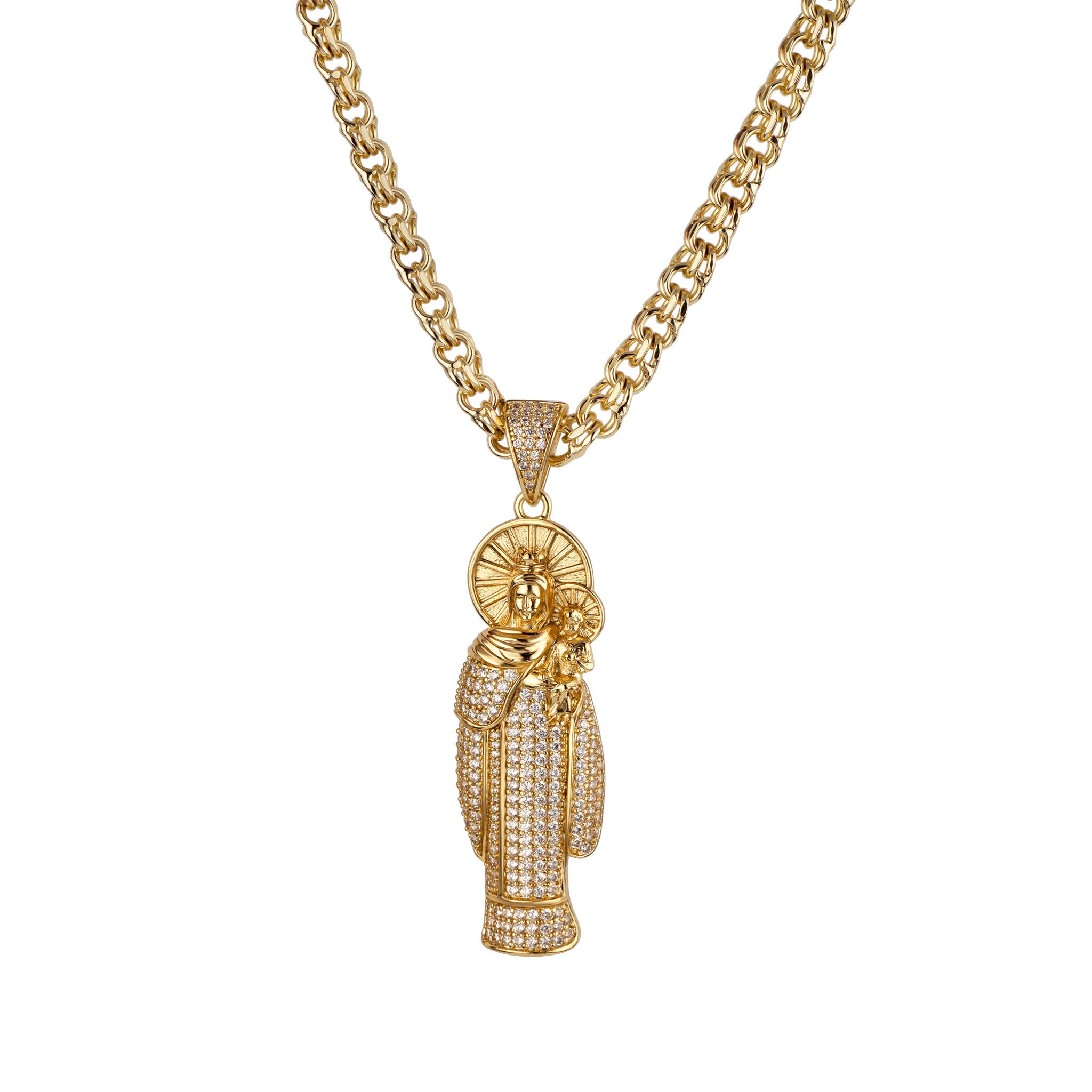 Gold necklace with a detailed pendant Virgin del Carmen on a white background
