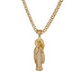 Gold necklace with a detailed pendant Virgin del Carmen on a white background