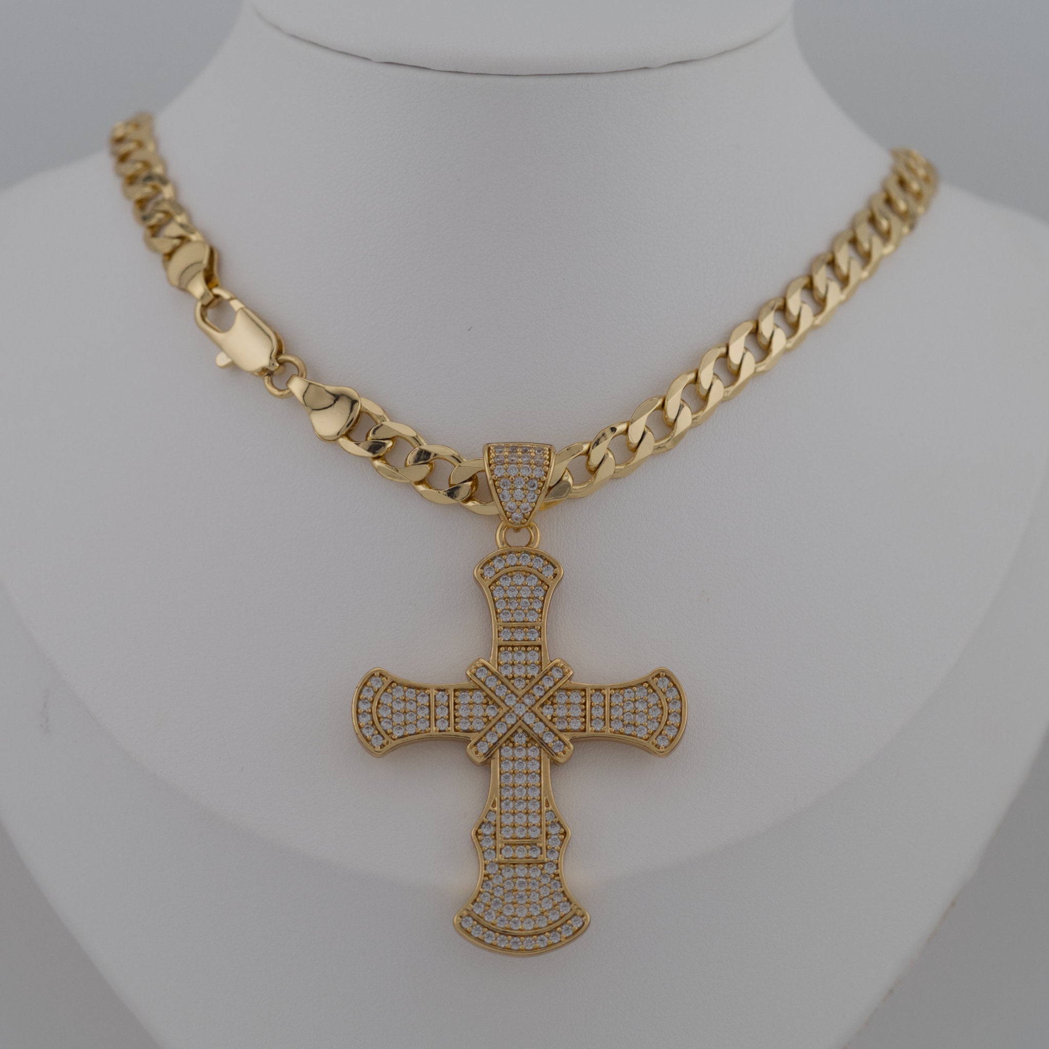 Mens Pavé Cross Cuban Necklace - 14K Gold-Plated