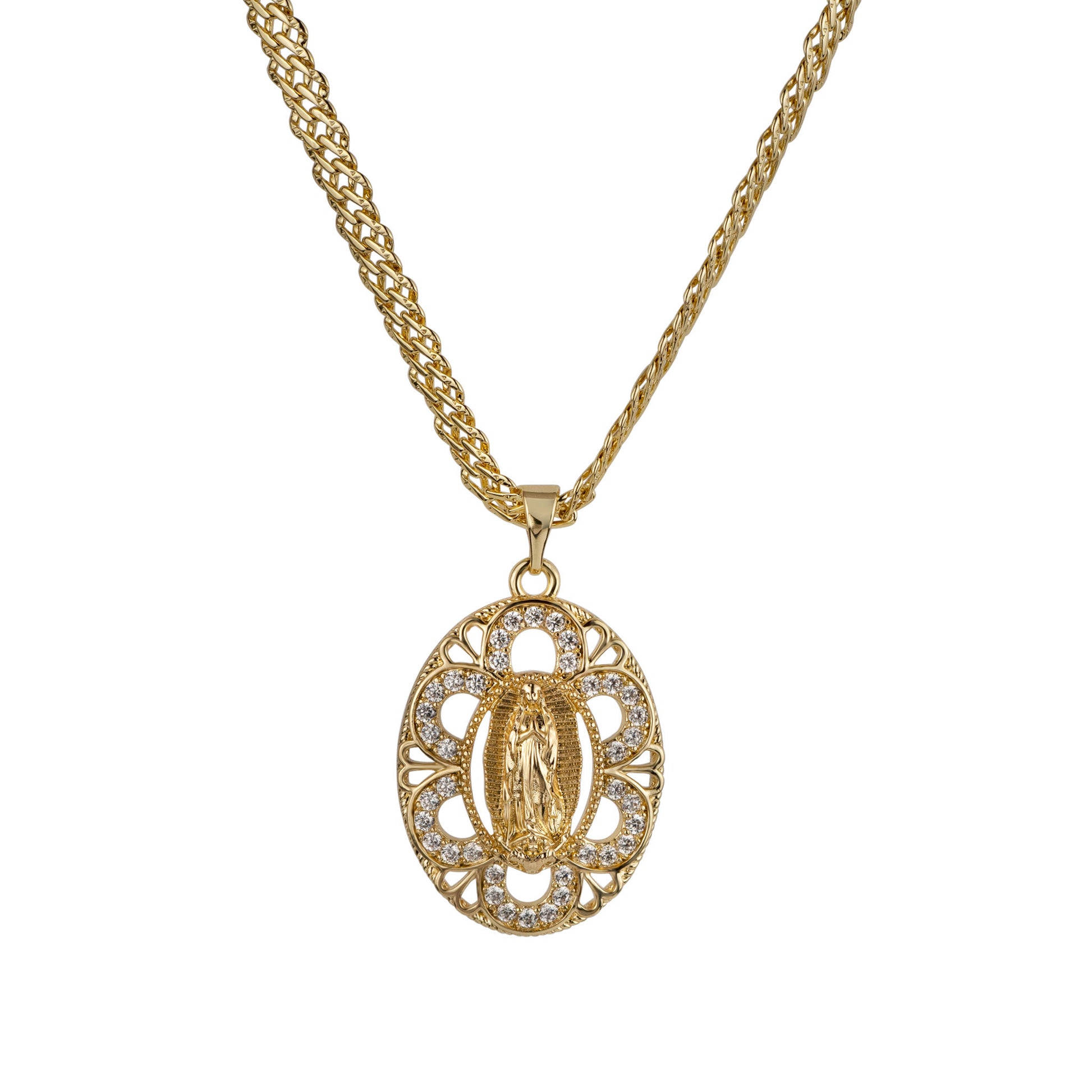 Gold necklace with a pendant featuring a religious design on a white background