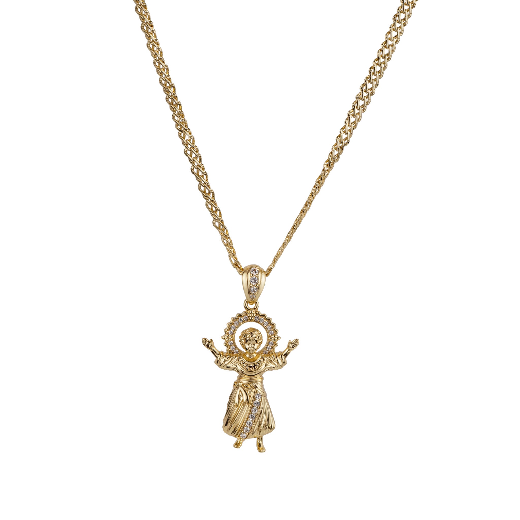 Gold necklace with a detailed pendant on a white background